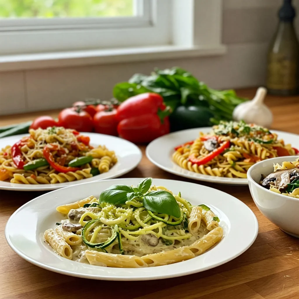 A variety of vibrant meatless pasta dishes on a rustic wooden table, including vegan Alfredo with zucchini noodles, mushroom and spinach fusilli, and bell pepper tomato pasta.