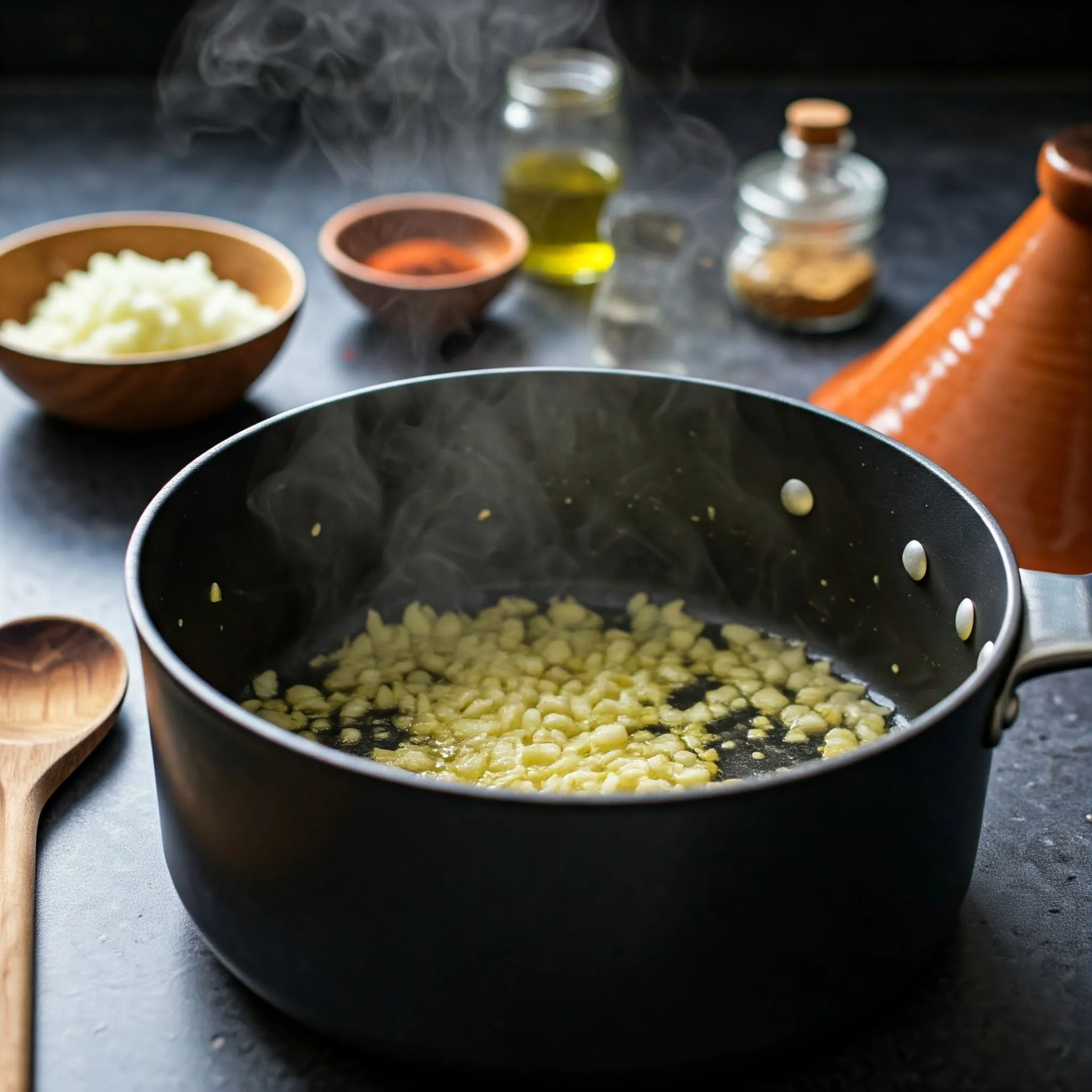 Chopped onions and minced garlic sautéing in olive oil in a large pot, releasing a golden aroma, with a rustic kitchen background.