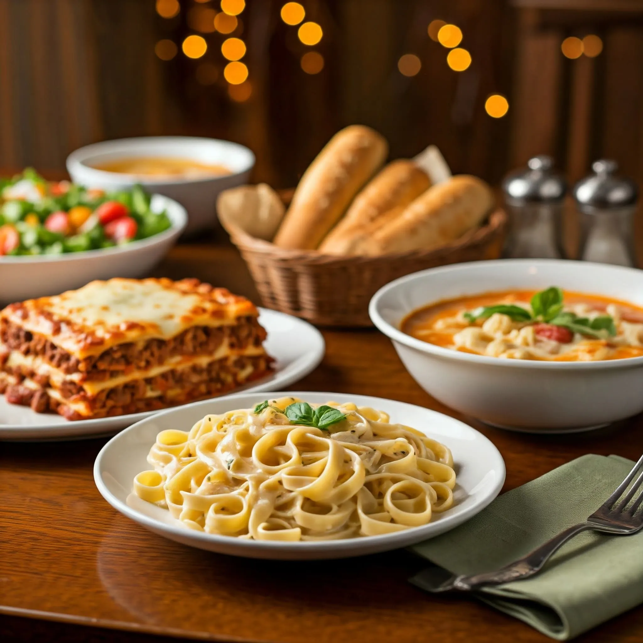 A cozy Olive Garden table featuring Fettuccine Alfredo, Lasagna, warm breadsticks, and a side of Zuppa Toscana.