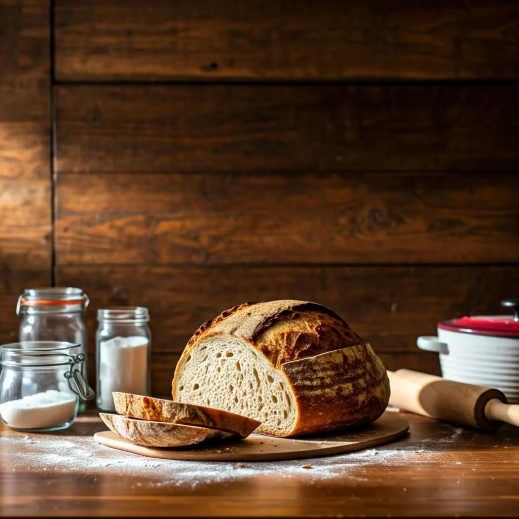 Freshly baked sourdough loaf with a golden crust and soft interior, surrounded by baking ingredients in a cozy kitchen setting, perfect for a beginner sourdough recipe.