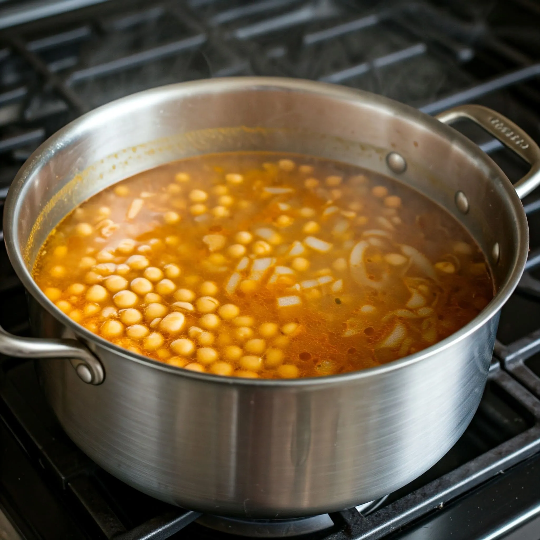 A pot simmering with a flavorful broth made of harissa, chickpeas, chicken broth, and water, with chopped onions and garlic sautéing in the mix.