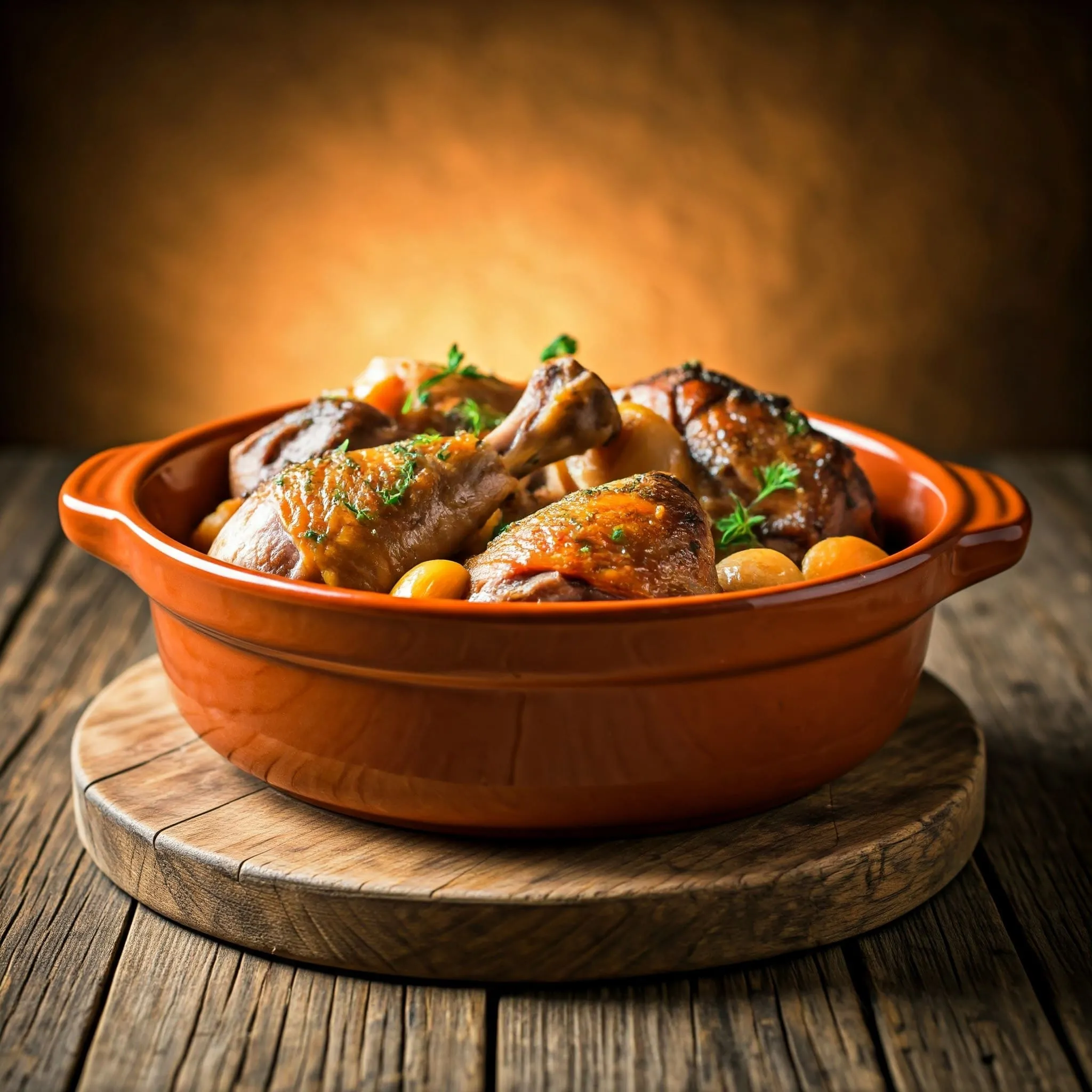 A close-up of Coq au Vin in an earthenware casserole dish, with dramatic light and soft shadows.