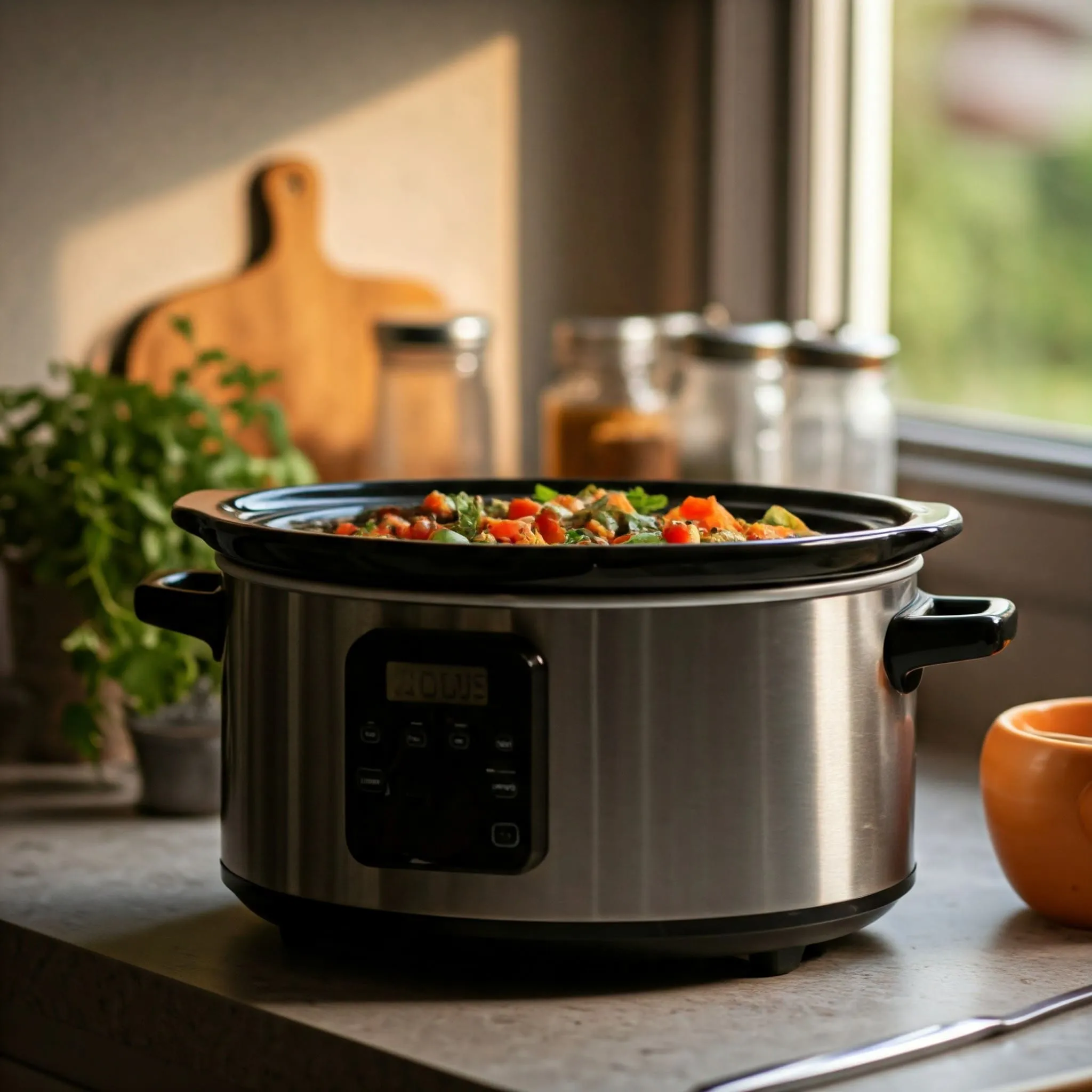 Slow cooker filled with a vibrant vegetable stew, surrounded by fresh ingredients like bell peppers, carrots, and herbs in a cozy kitchen.