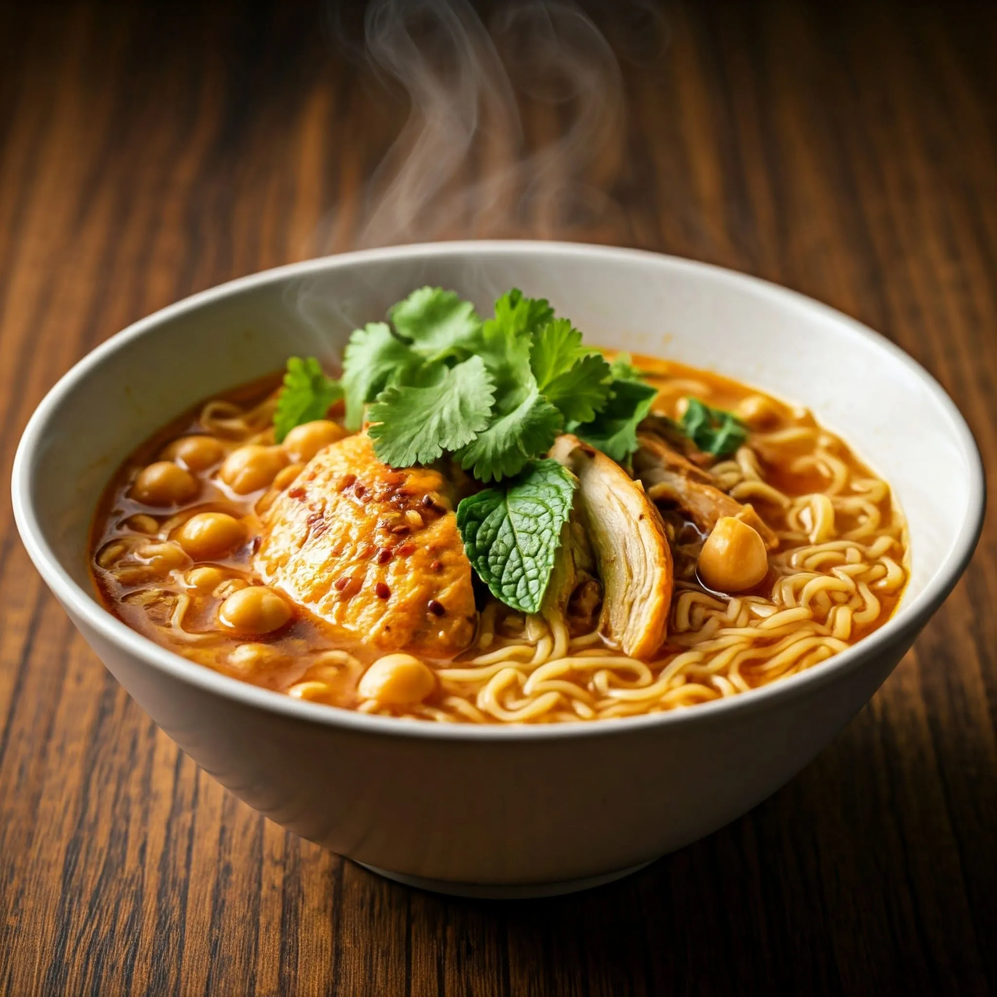 Moroccan chicken ramen with spiced chicken, ramen noodles, fresh cilantro, mint, and chickpeas in a rich broth.