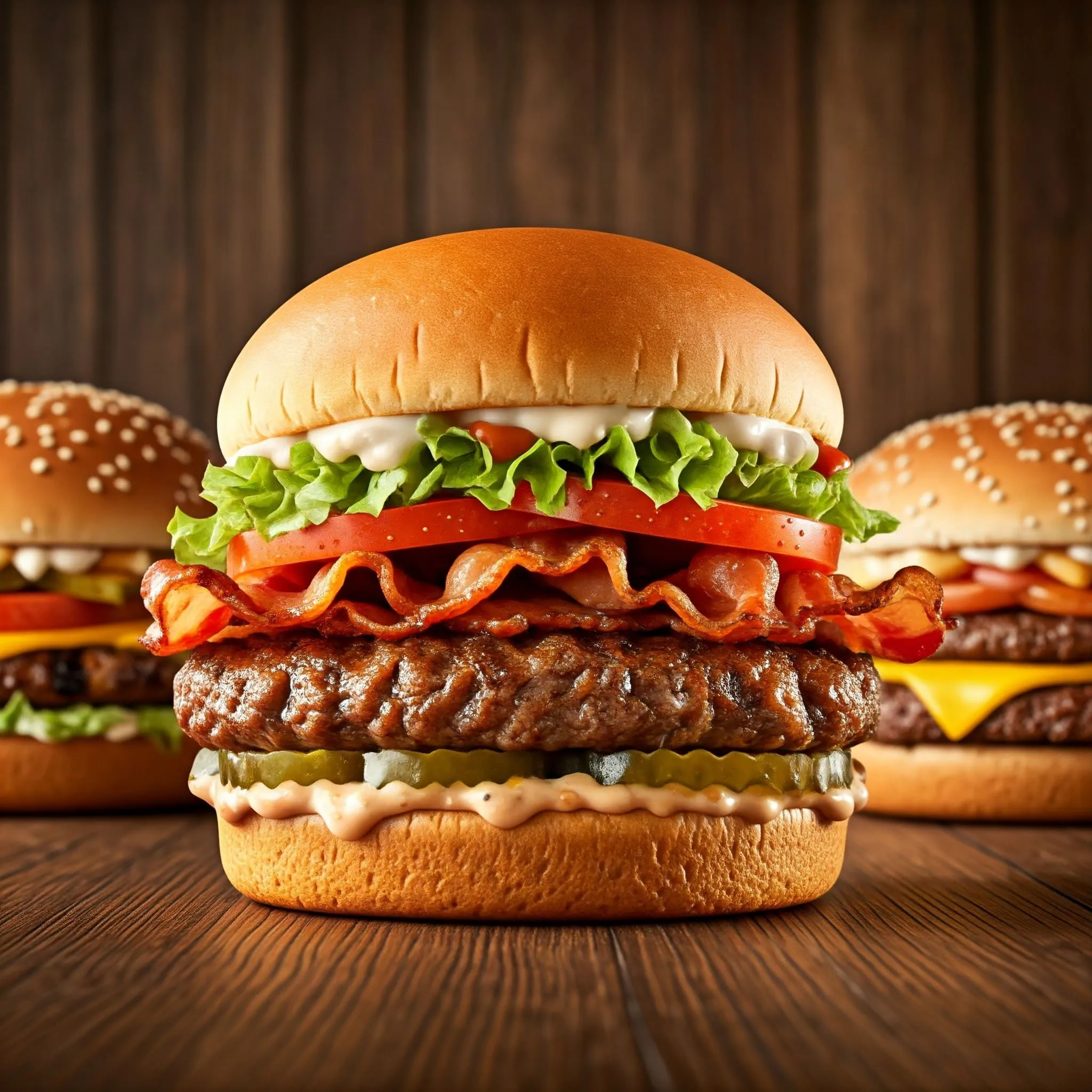 Whata Burger with fresh ingredients like juicy beef patty, crispy bacon, lettuce, tomato, and special sauce, compared with McDonald's Big Mac, In-N-Out Burger, and Burger King Whopper.