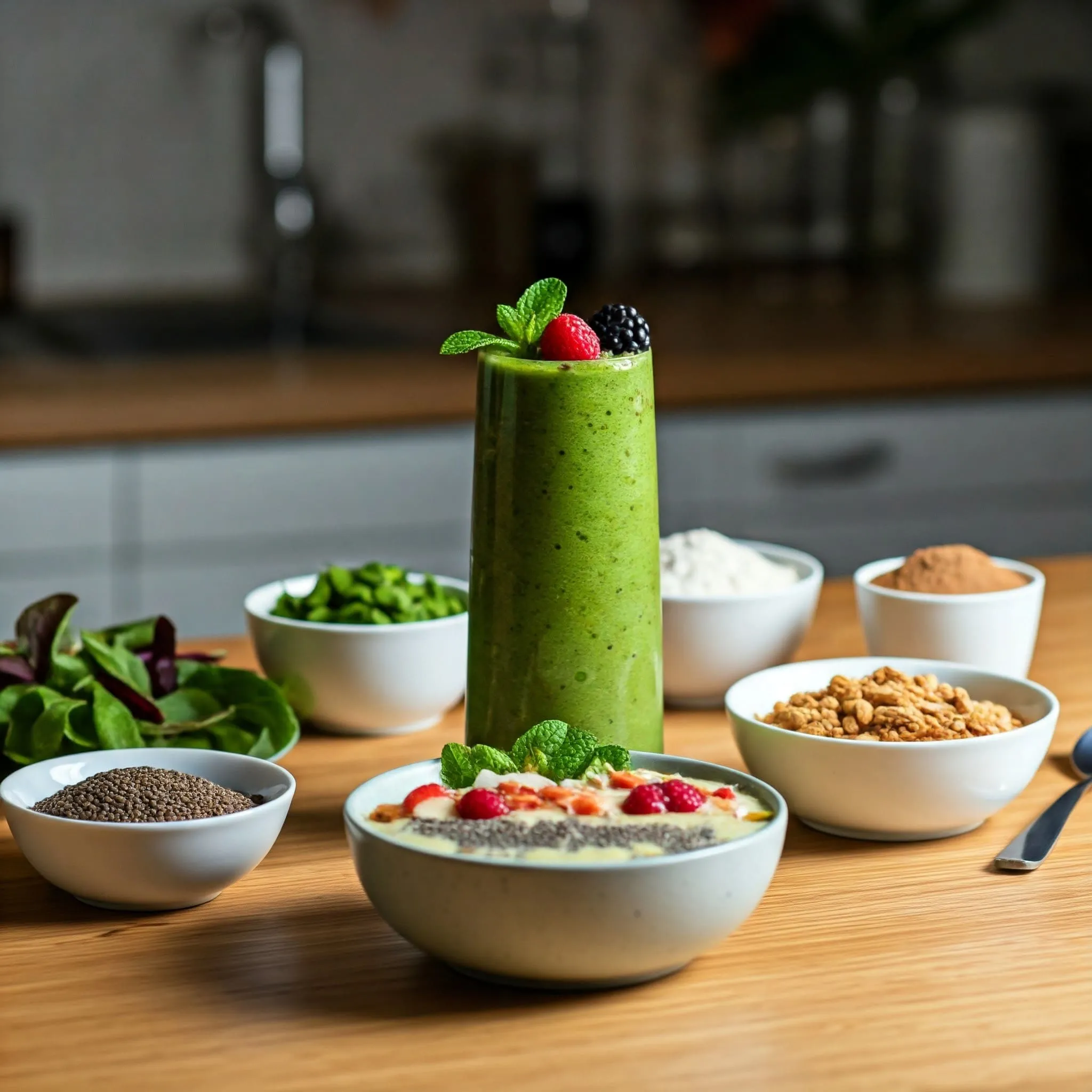 A variety of smoothies displayed with fresh ingredients, including fruit smoothies, green smoothies, protein-packed smoothies, and smoothie bowls.