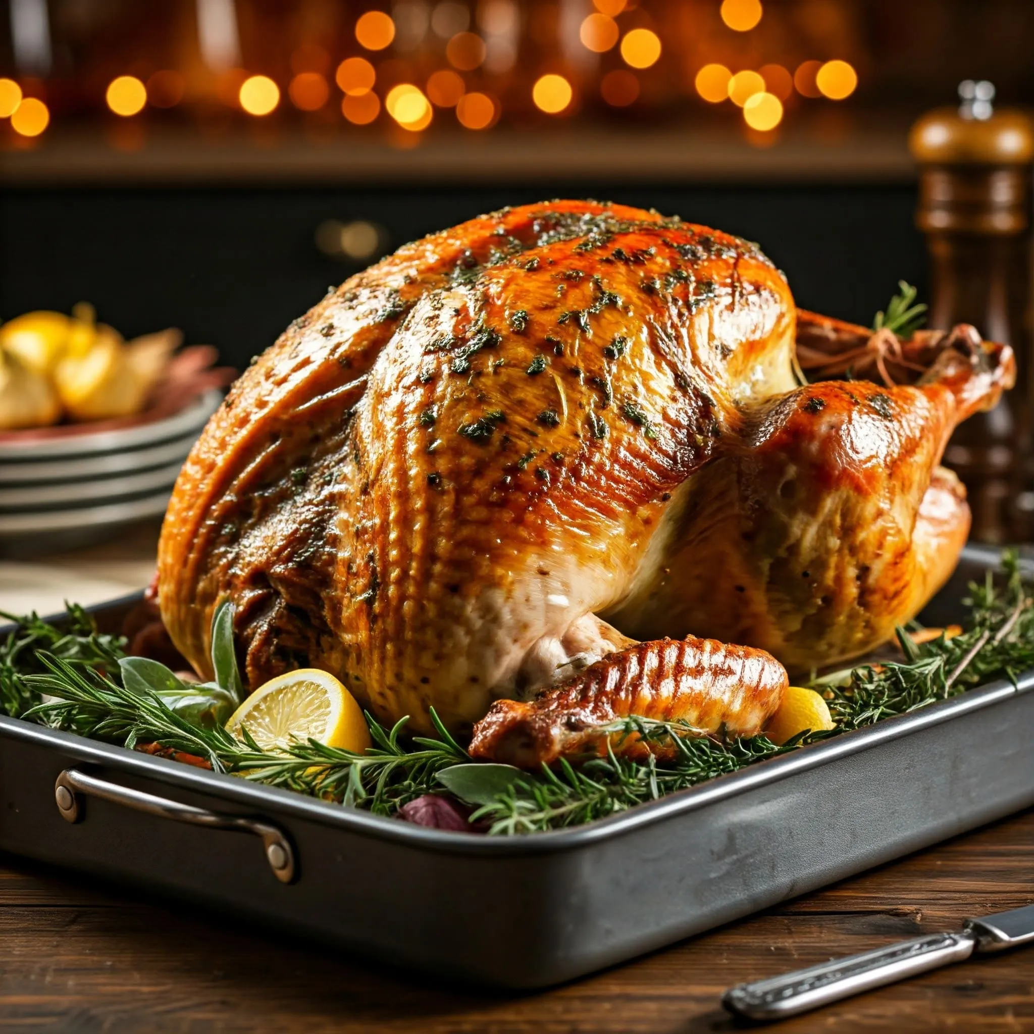 Traditional roast turkey with golden, crispy skin, surrounded by aromatic herbs, lemon, onion, and garlic on a rustic roasting pan, ready to be served.