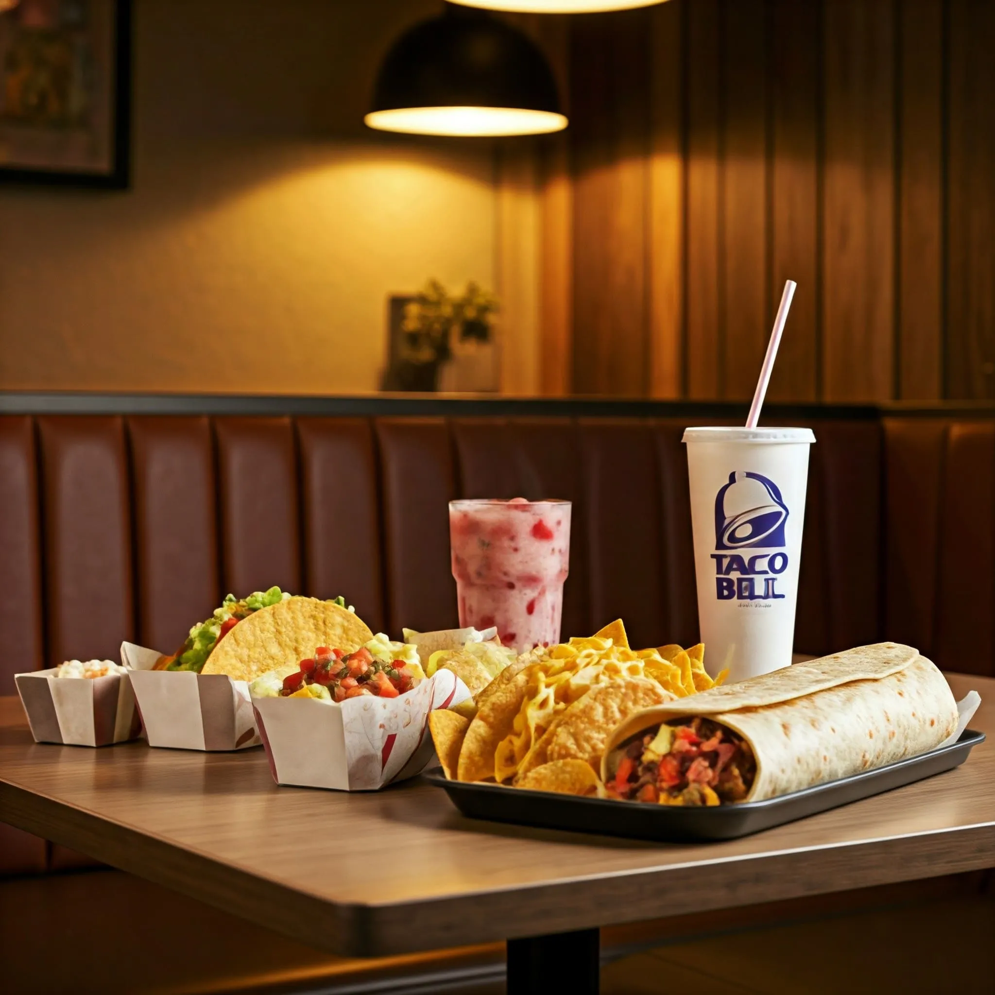 A vibrant spread of Taco Bell menu items, including tacos, burritos, nachos, and a Baja Blast Freeze, presented in a cozy and inviting dining space.