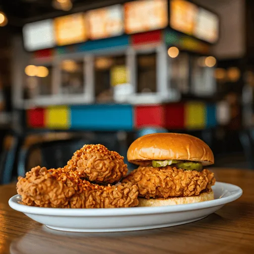 A plate of crispy, golden-brown tenders from Dave’s Hot Chicken, served with pickles and a toasted brioche bun, set against a vibrant pop-up stand and modern restaurant backdrop.