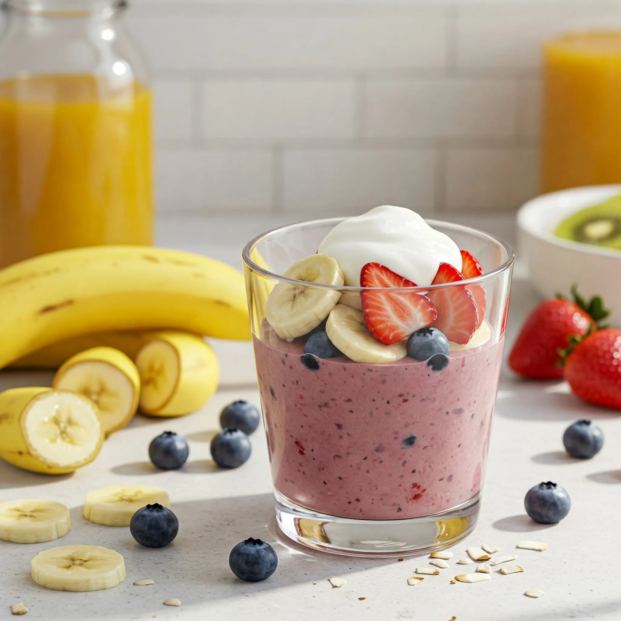 A vibrant smoothie bowl with bananas, strawberries, and blueberries topped with yogurt, surrounded by fresh fruit ingredients.

