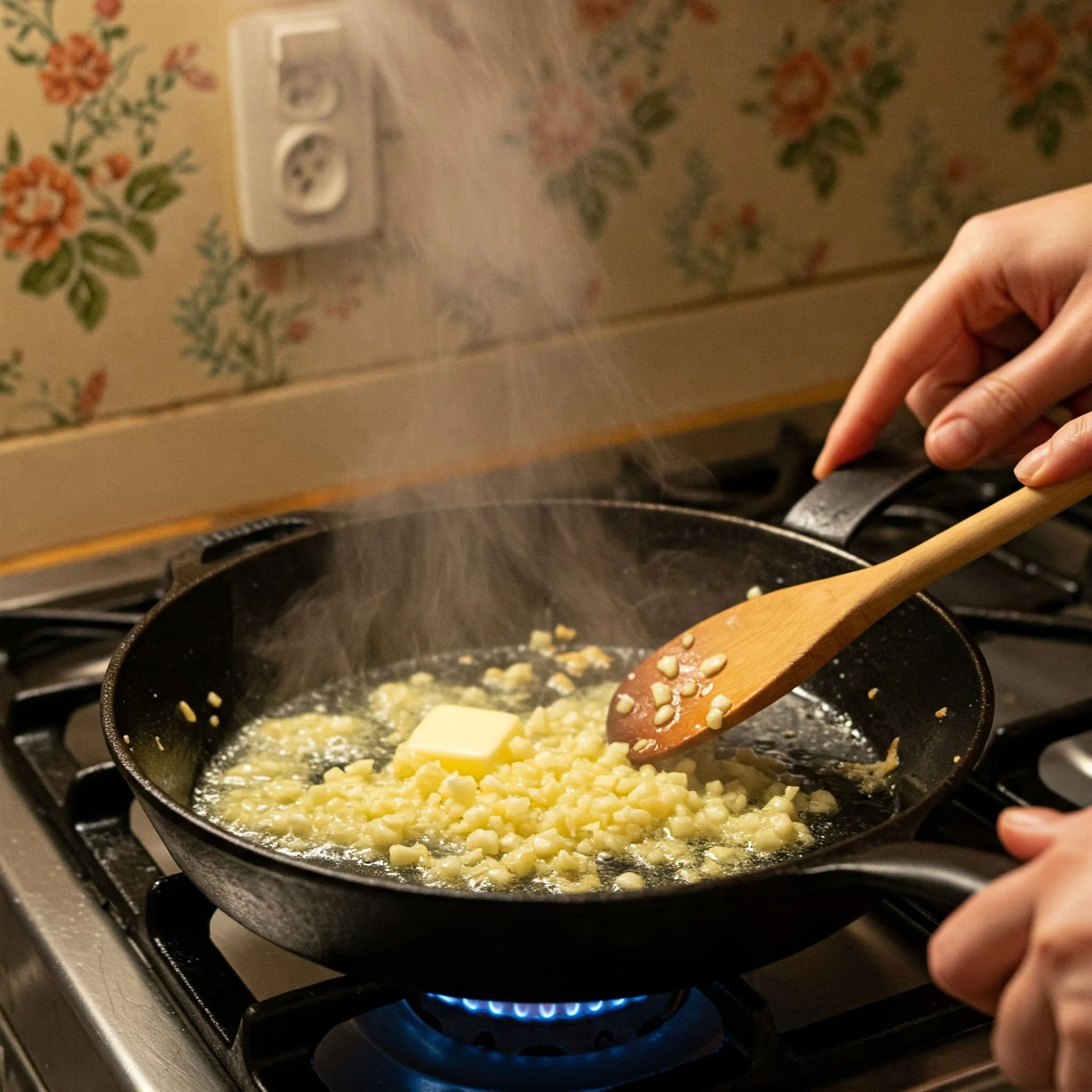 A cozy kitchen scene with a cast-iron skillet on the stove, sautéing onions and garlic in melted butter.