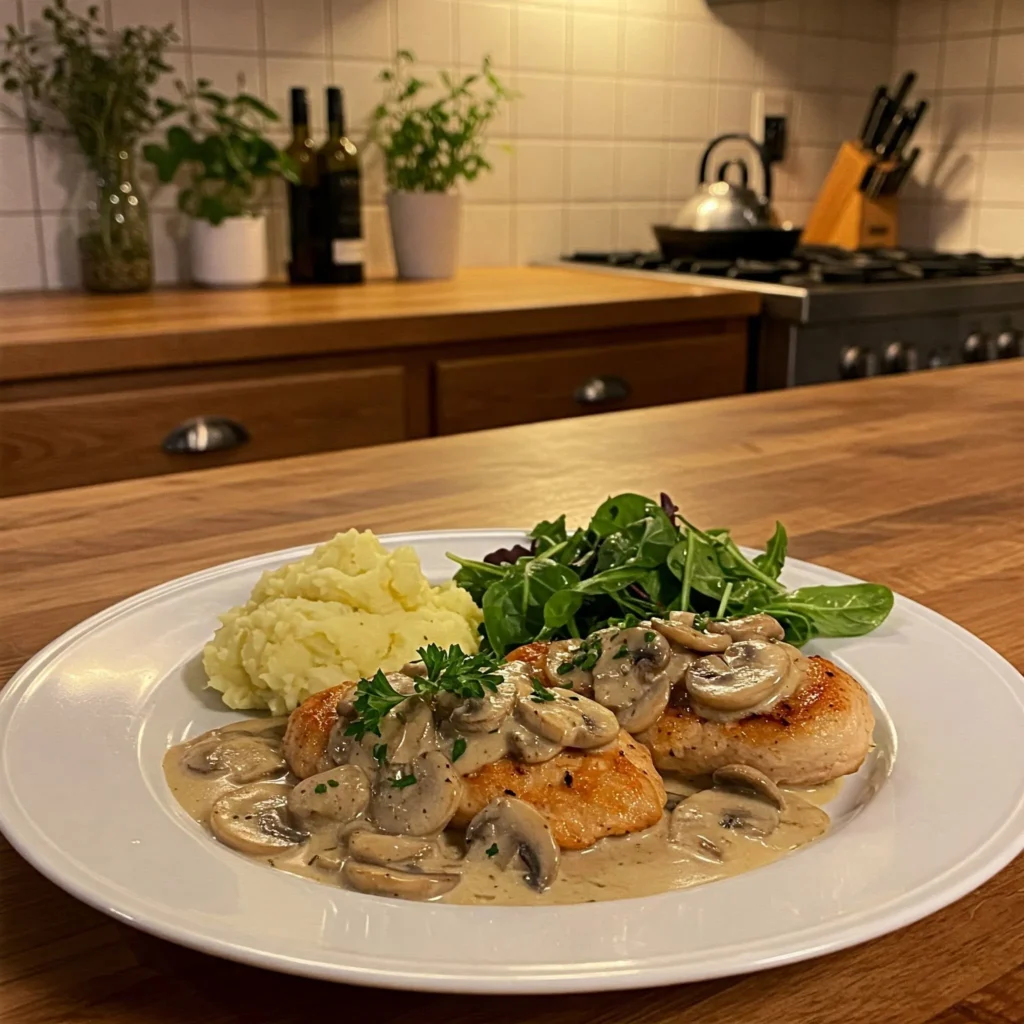 A comforting Mushroom Chicken dish served with mashed potatoes and a fresh salad in a cozy kitchen setting.