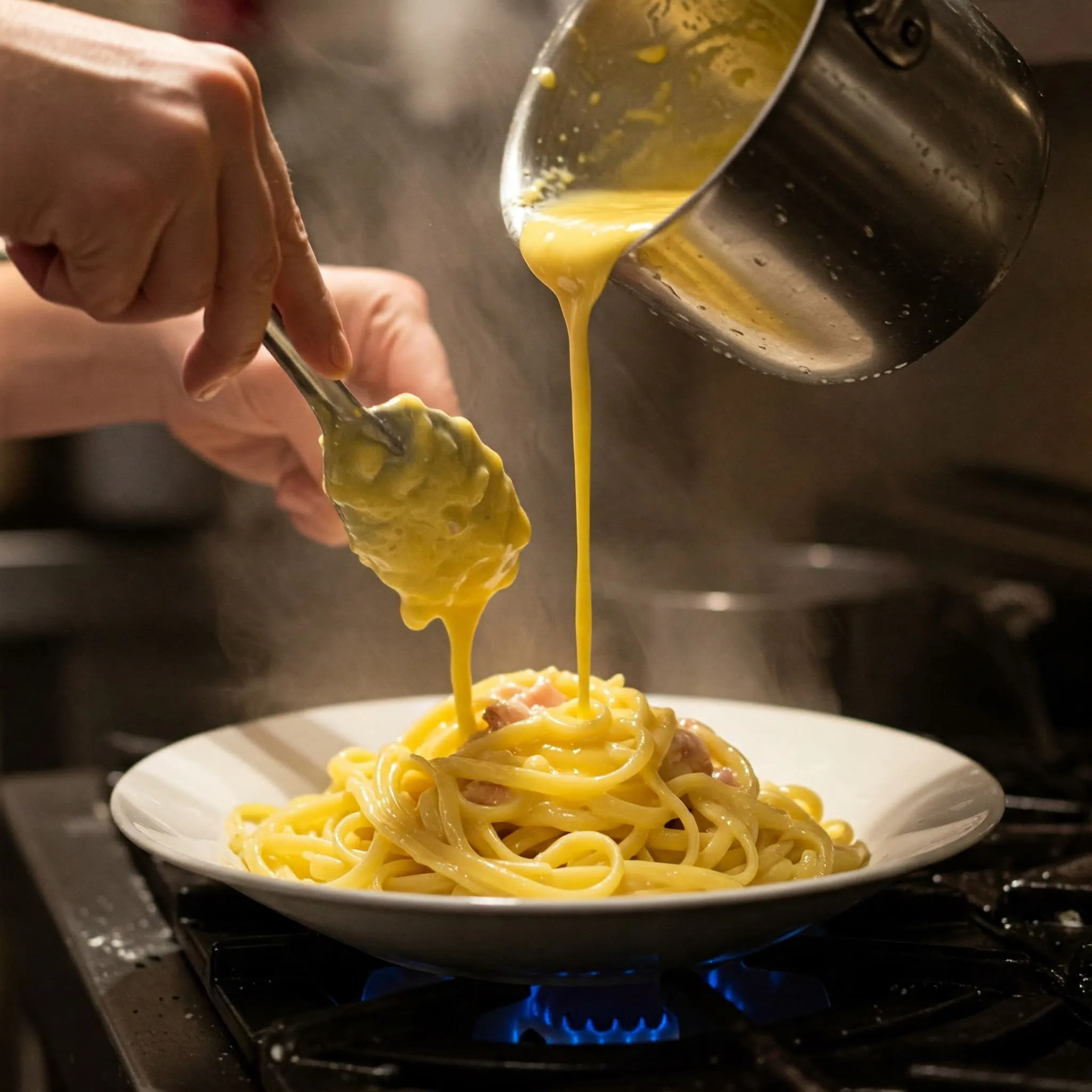 A cook mixes egg and cheese sauce into freshly cooked pasta, creating a creamy Carbonara sauce.