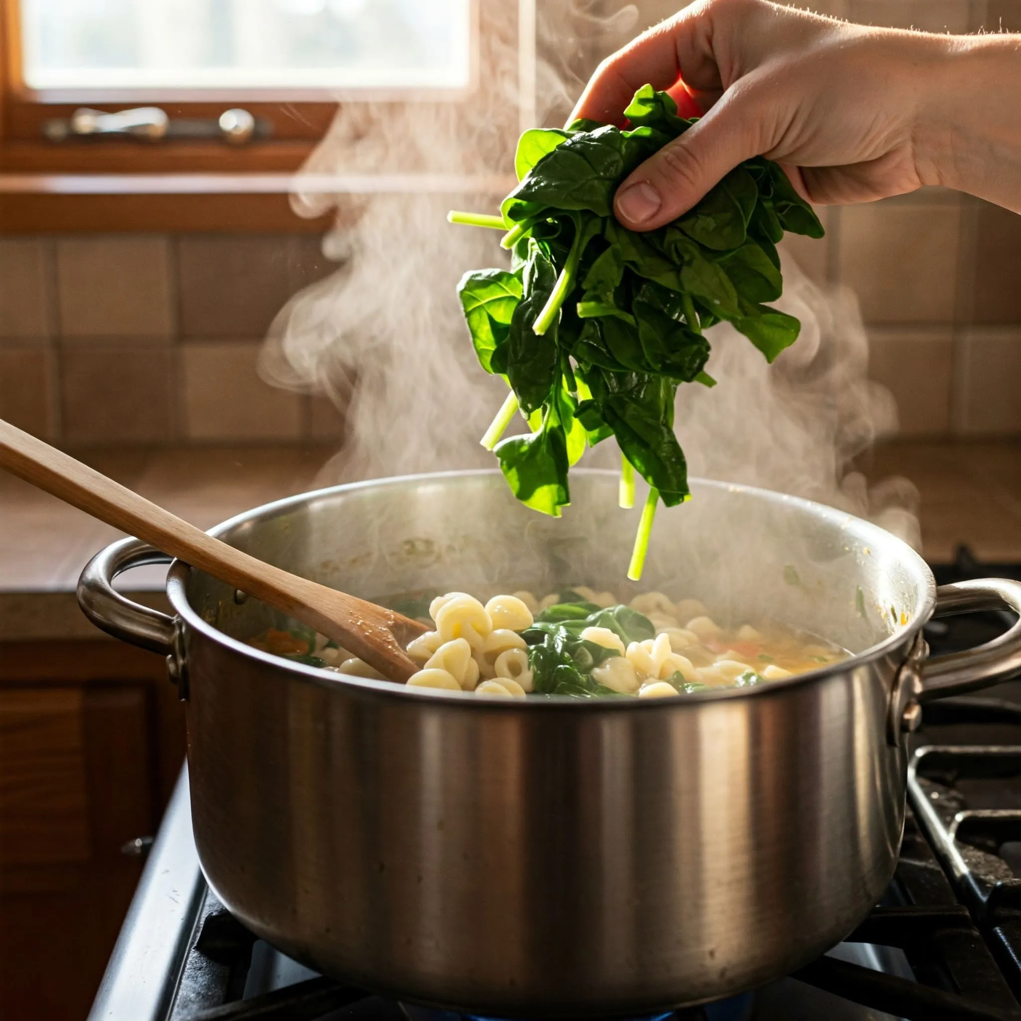 A large pot of Italian Wedding Soup on the stove with pasta and spinach cooking in the broth.