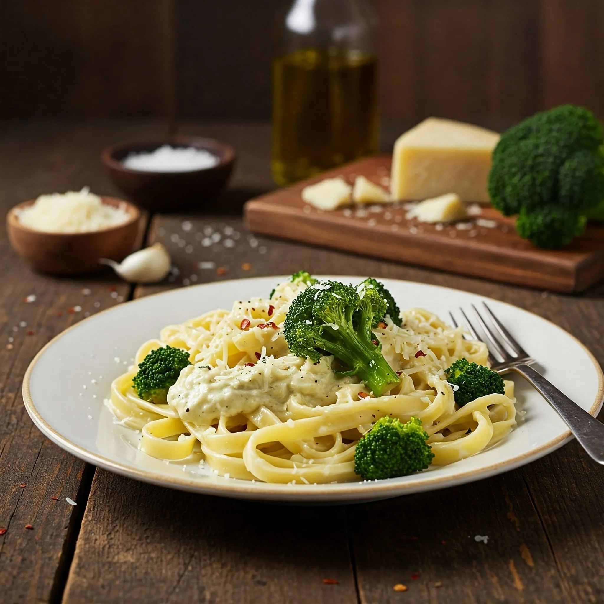 A plate of creamy Roasted Broccoli Alfredo with fettuccine pasta, roasted broccoli, and parmesan garnish.