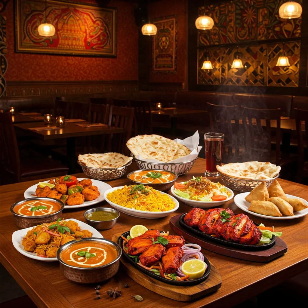 Authentic Indian dishes served at a cozy Indian restaurant with vibrant décor.