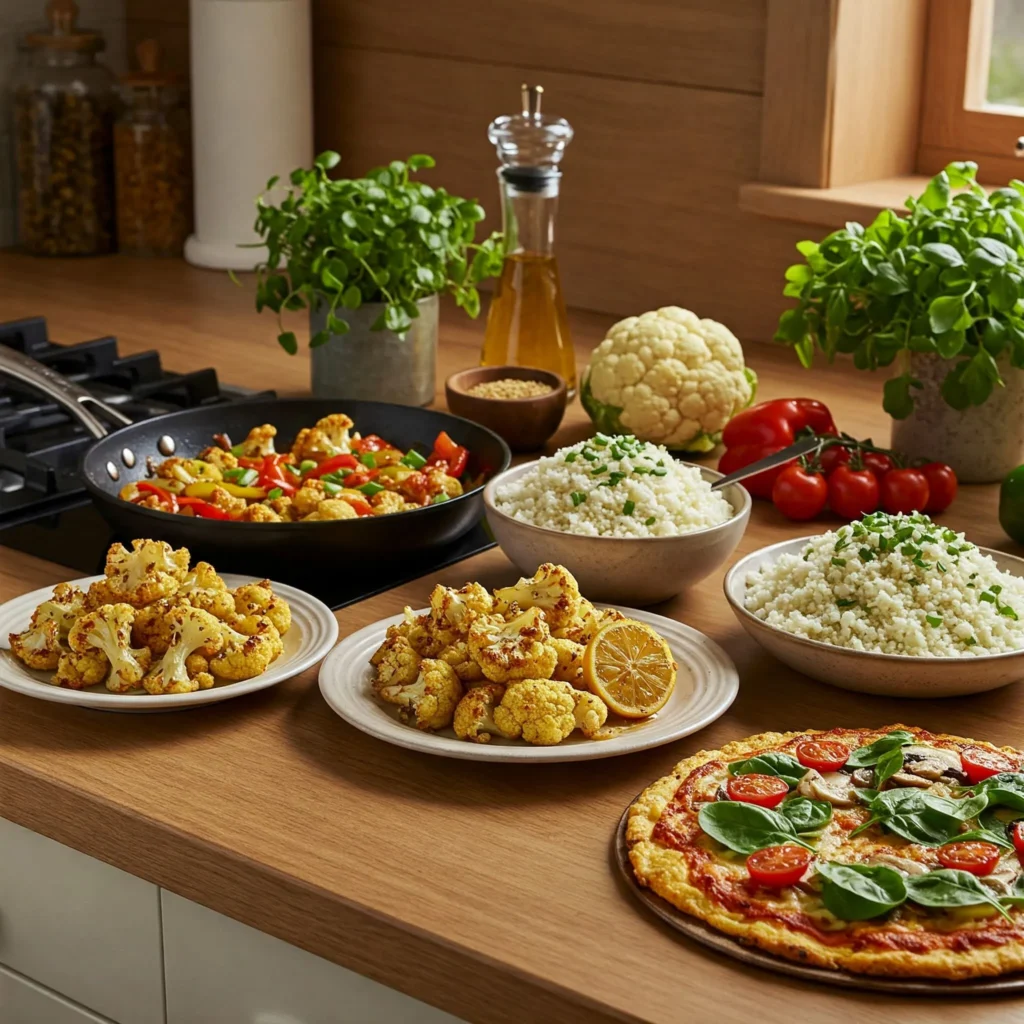 A variety of cauliflower-based dishes on a wooden kitchen countertop, including cauliflower stir-fry, roasted cauliflower with garlic and lemon, cauliflower rice, and cauliflower pizza crust.