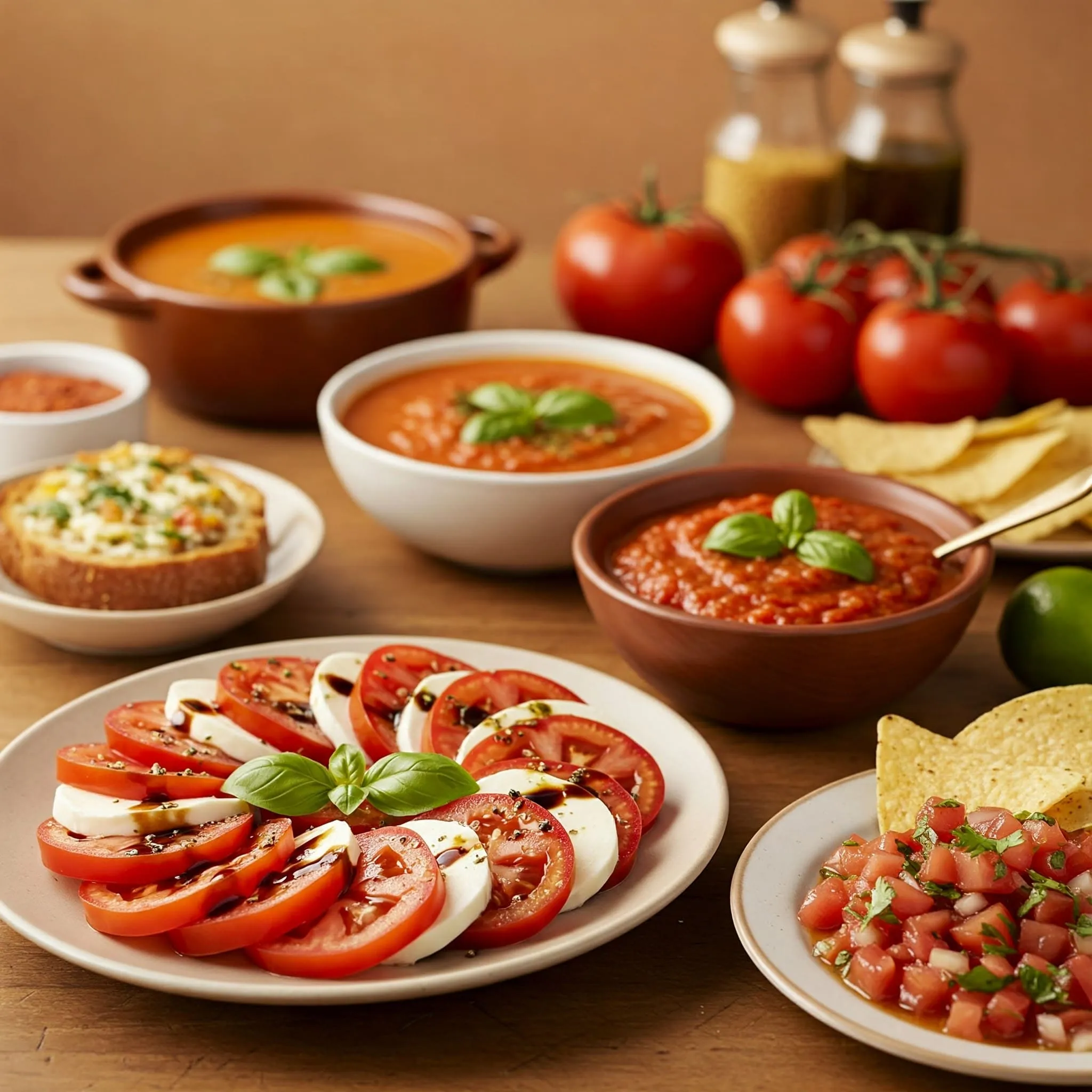 A variety of dishes made with fresh sweetie tomatoes, including a salad, pasta sauce, salsa, soup, and stew.