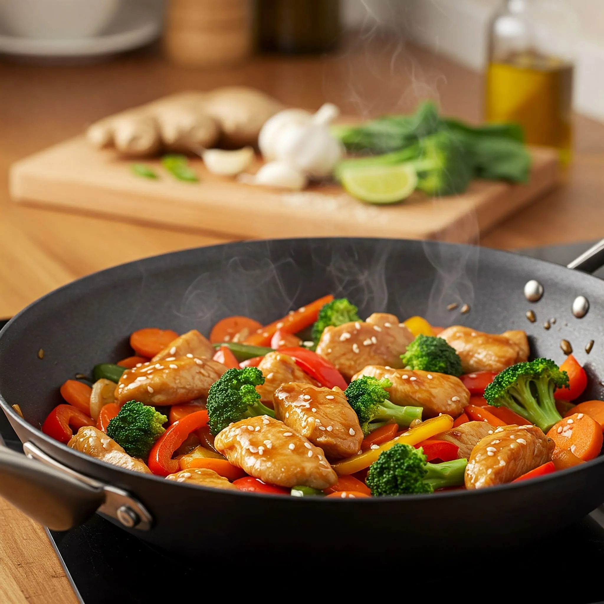 Healthy chicken stir fry with colorful vegetables like bell peppers, broccoli, and carrots in a wok.