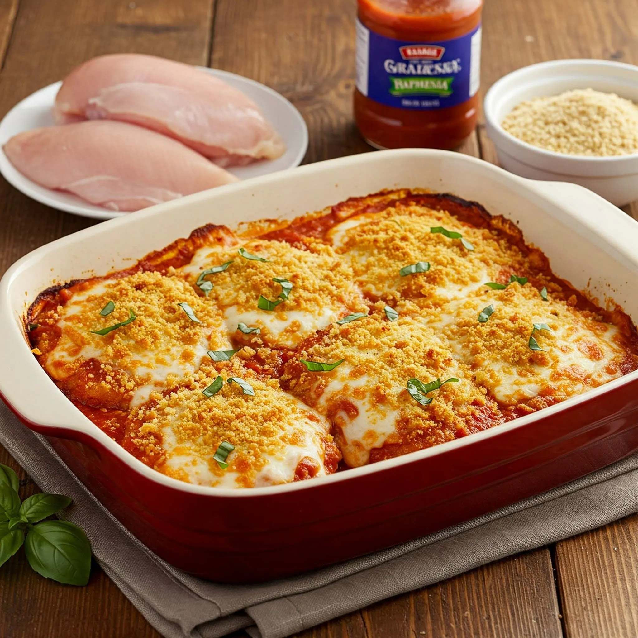 Golden-brown Chicken Parmesan Casserole with melted mozzarella and Parmesan cheese, topped with crispy breadcrumbs and garnished with fresh basil leaves.