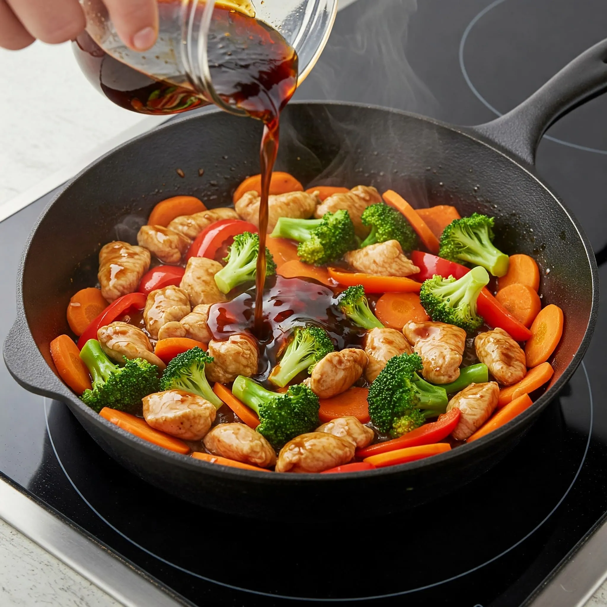 Chicken stir fry with vegetables being cooked in a frying pan, with sauce being poured over the ingredients.