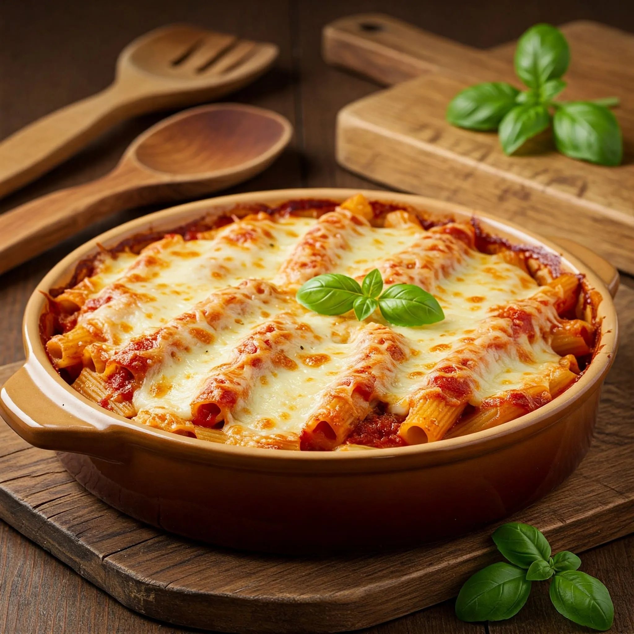 Baked ziti with cheese and marinara sauce in a rustic kitchen setting