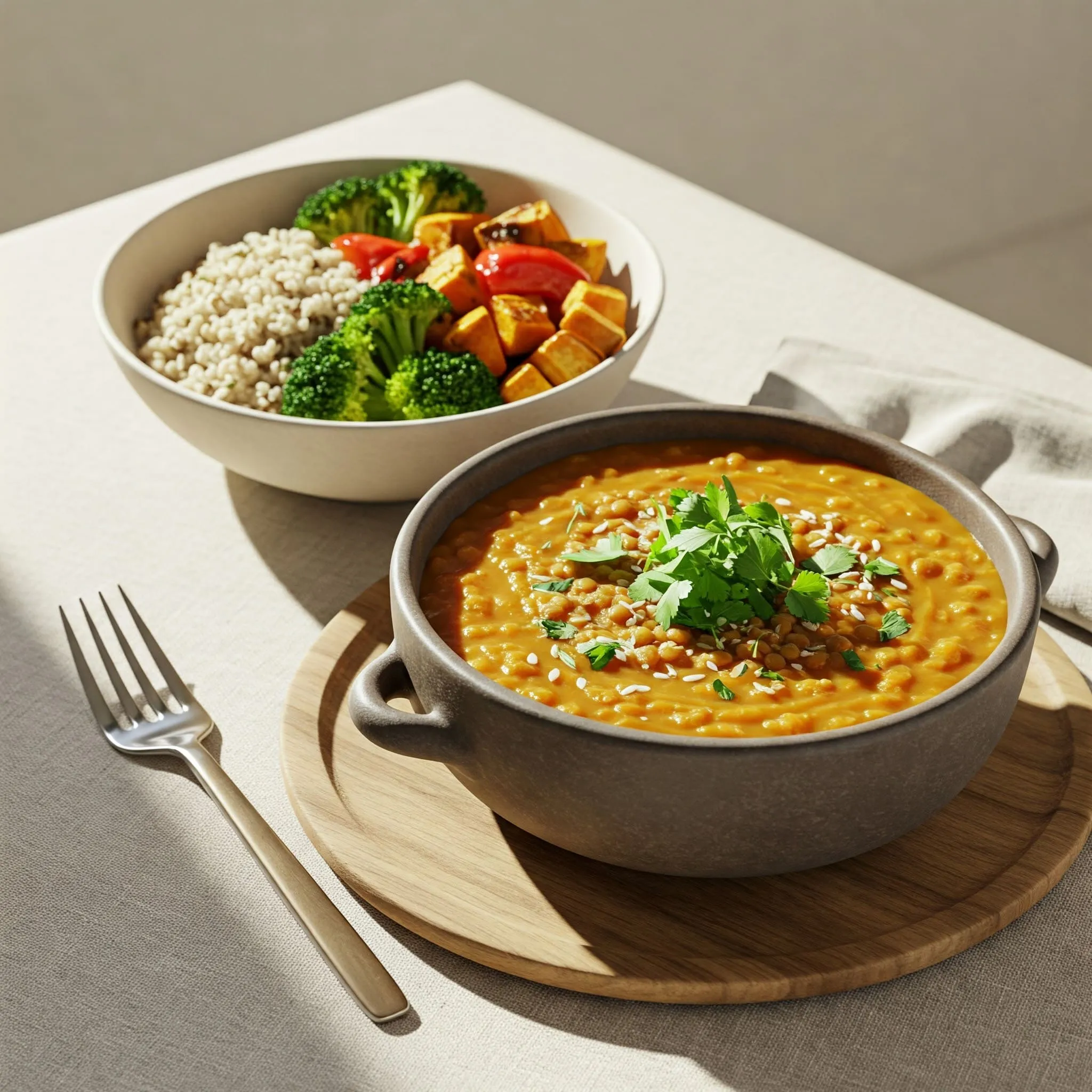 A colorful and vibrant vegan meal spread featuring lentil soup and a grain bowl with roasted vegetables like sweet potatoes, broccoli, and bell peppers.