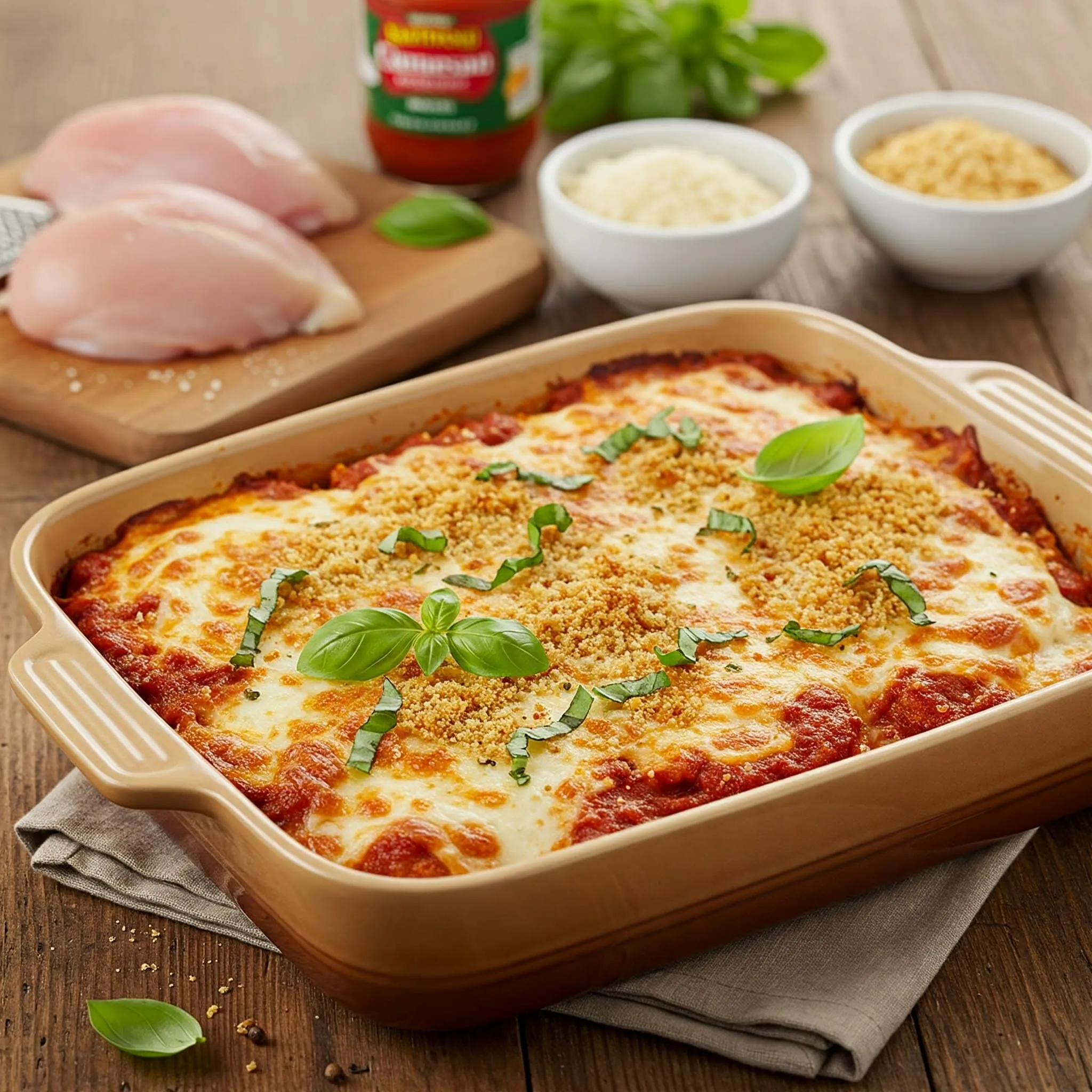 Golden-brown Chicken Parmesan Casserole with melted cheese and crispy breadcrumbs, garnished with fresh basil leaves.