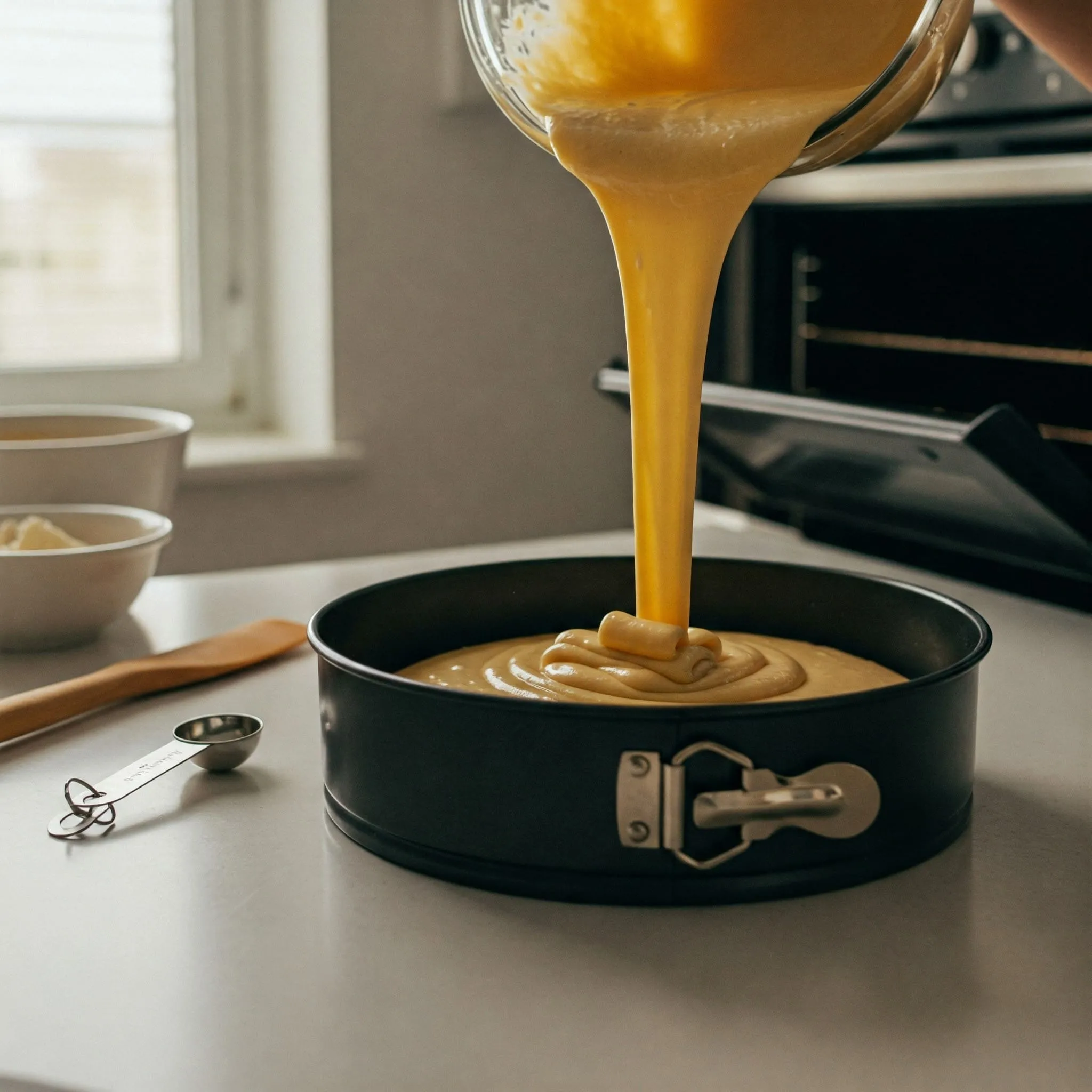 Pouring cake batter into a round cake pan, preparing for baking.