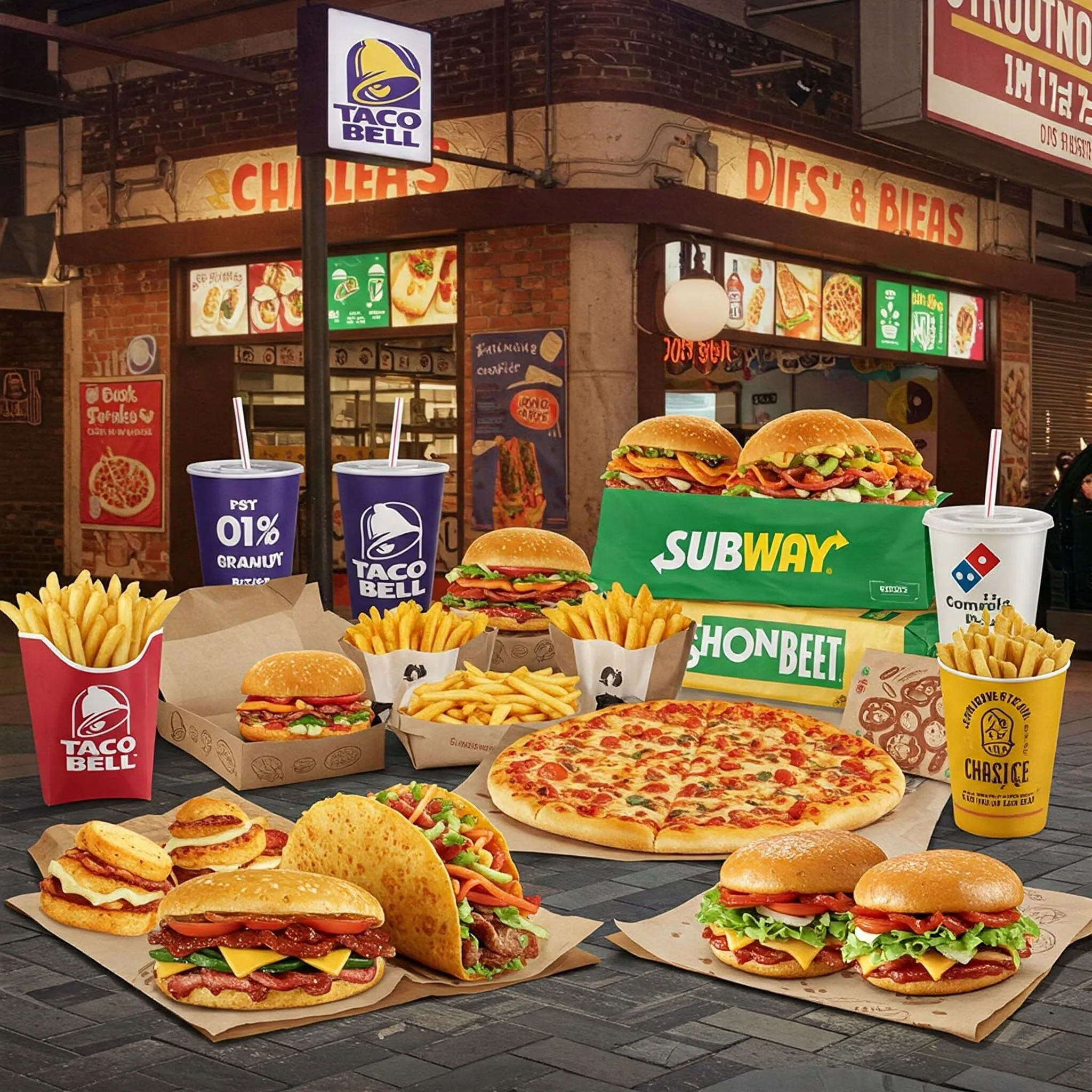 Fast food meal promotions from Taco Bell, Subway, Domino’s Pizza, and Chipotle, showcasing special deals like combo meals, discounts, and promotional codes.