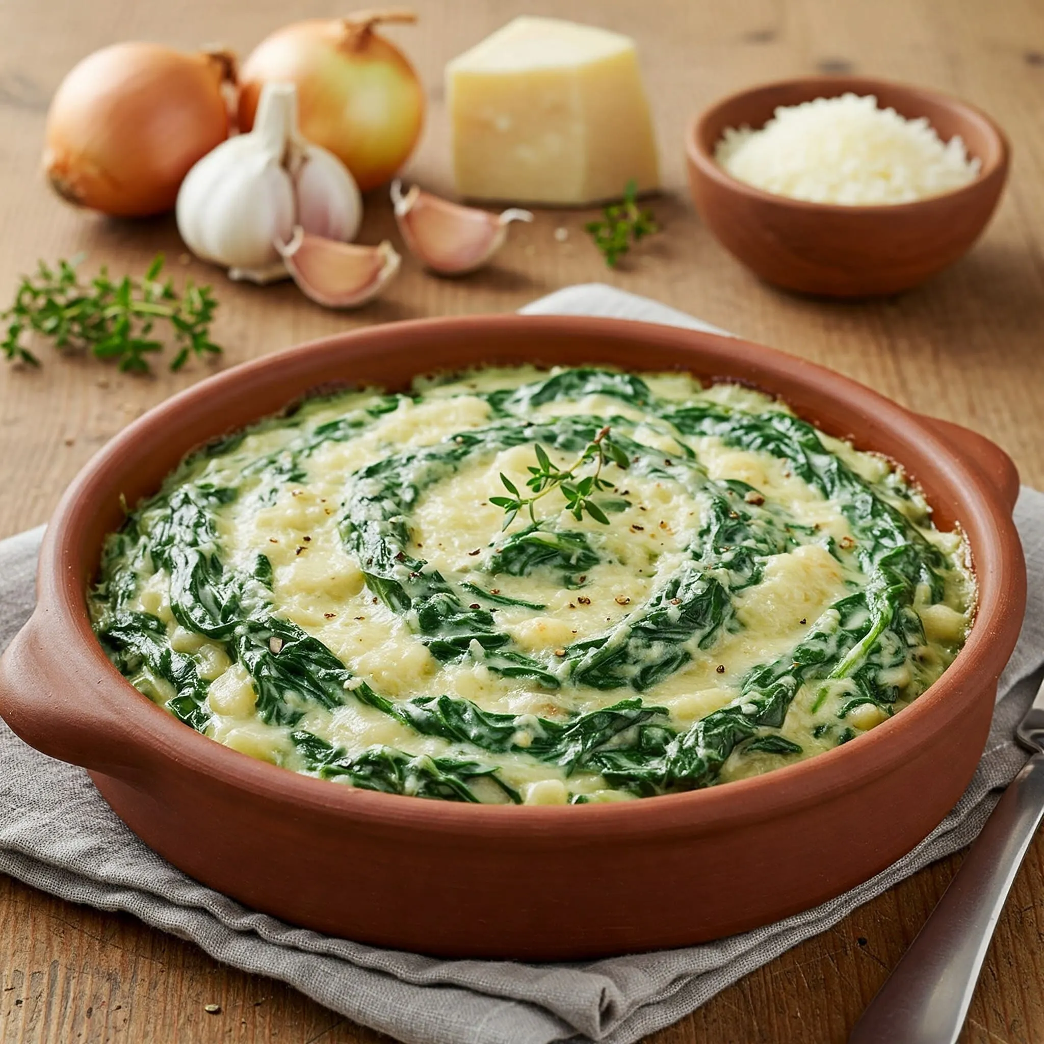 Creamed spinach served in a rustic bowl with a creamy texture and fresh herbs garnish.