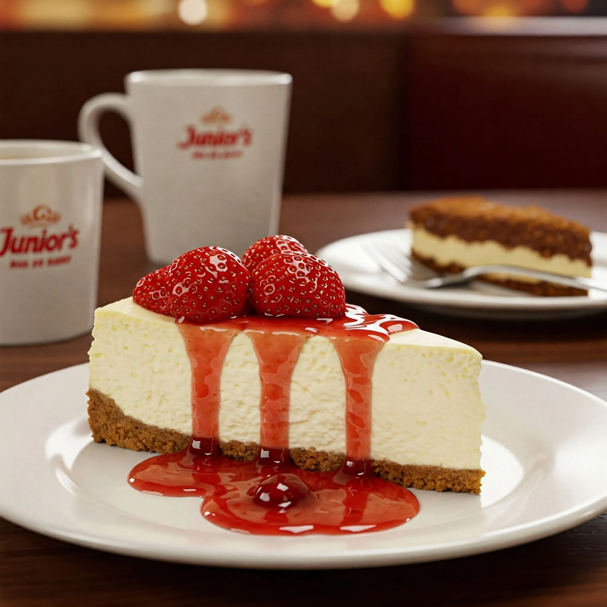 A slice of Junior's New York-style cheesecake topped with strawberries and drizzled with strawberry sauce, placed on a plate with a warm diner atmosphere in the background.