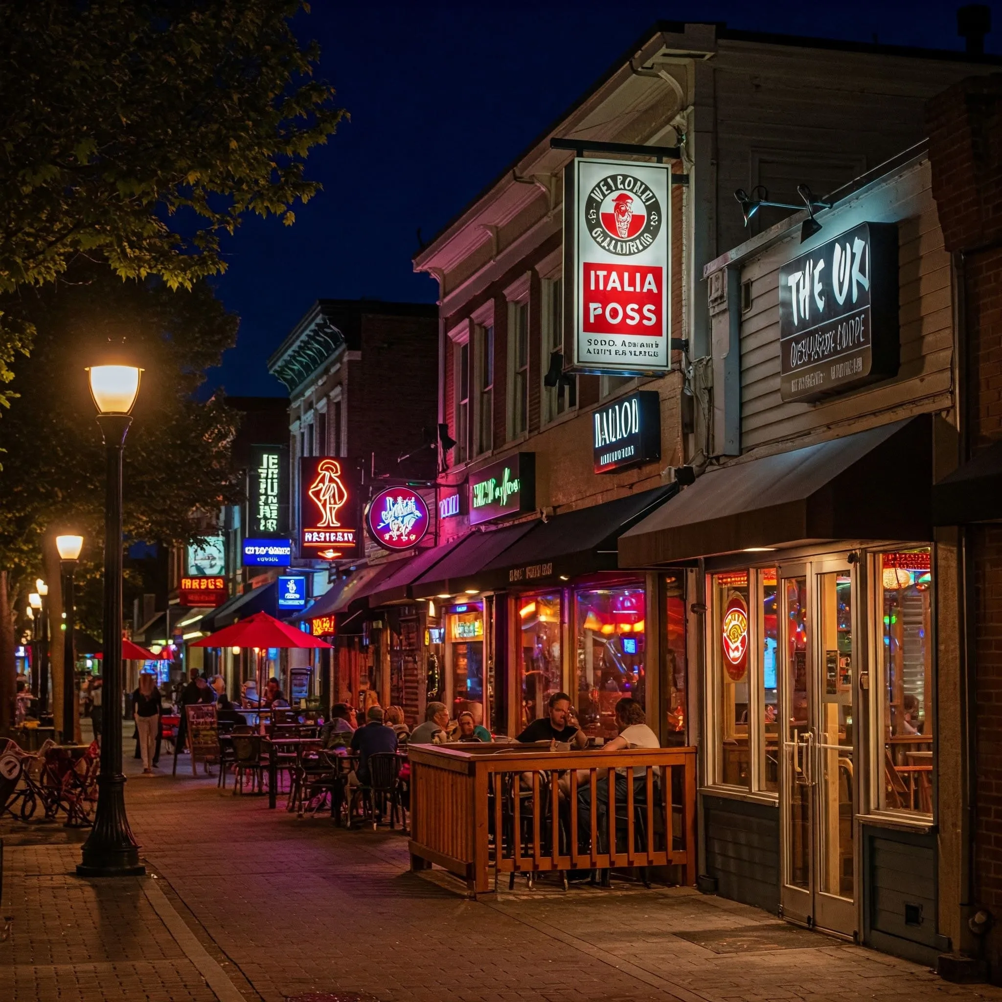 Discover Local Dining Gems: A Bustling Neighborhood of Diverse Restaurants(1)_11zon A vibrant street scene featuring a mix of popular chain restaurants and independent eateries, offering diverse cuisines like Italian, Mexican, and seafood in a bustling neighborhood.