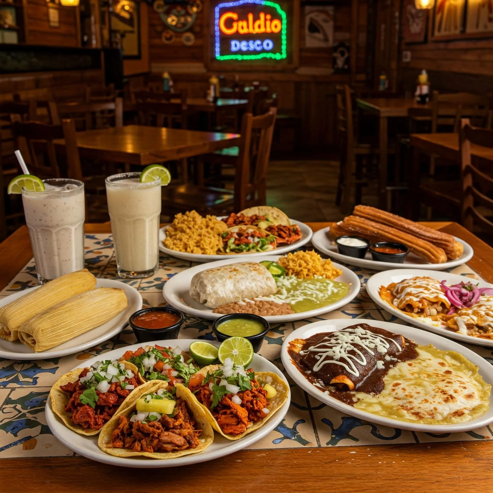 A variety of must-try Mexican dishes on a table, including tacos al pastor, carne asada tacos, burritos, enchiladas with mole sauce, tamales, horchata, margaritas, and churros with dipping sauces.

