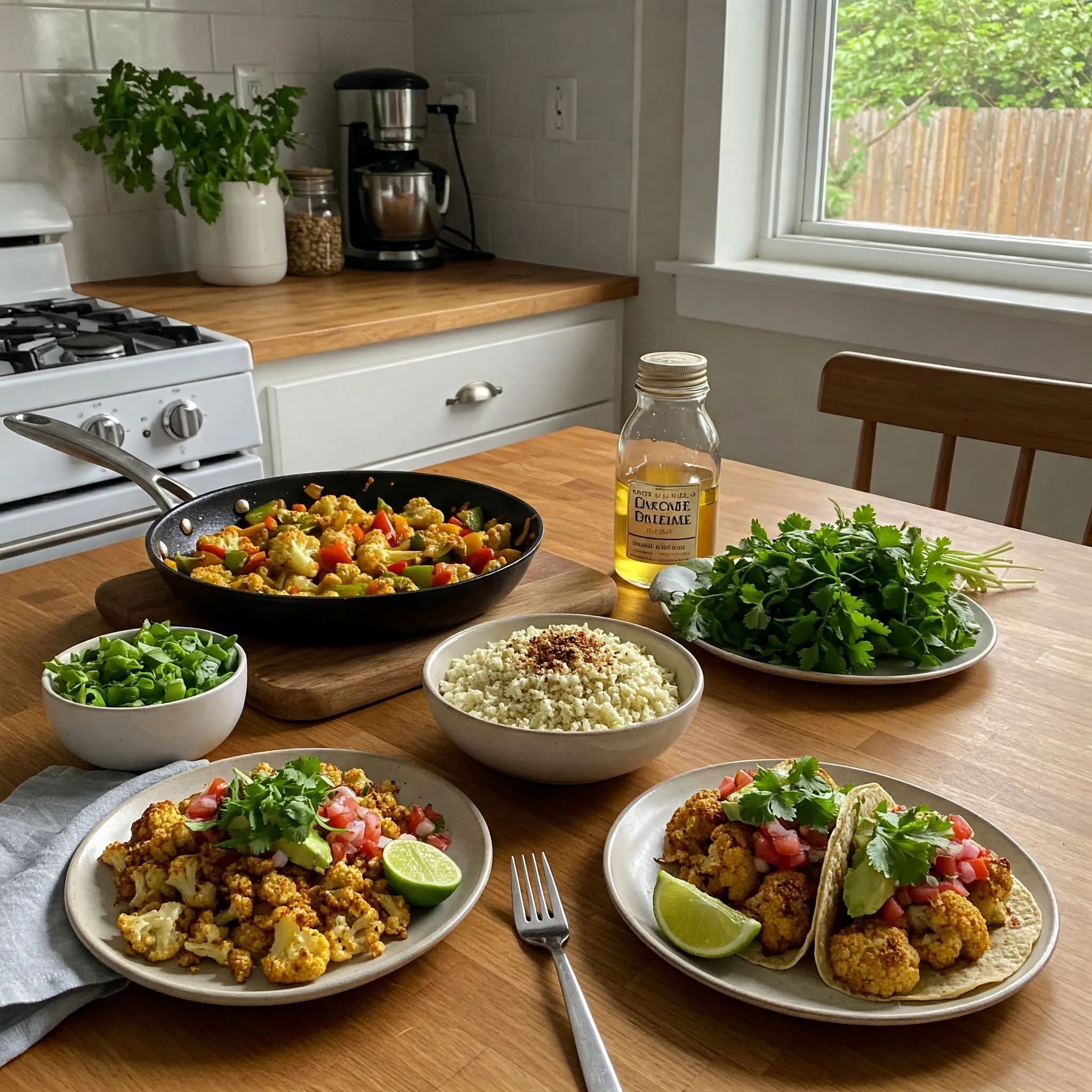 A cozy kitchen with a wooden table displaying three cauliflower-based dishes: cauliflower stir-fry in a skillet, cauliflower rice in a bowl, and roasted cauliflower tacos with avocado, salsa, and cilantro.