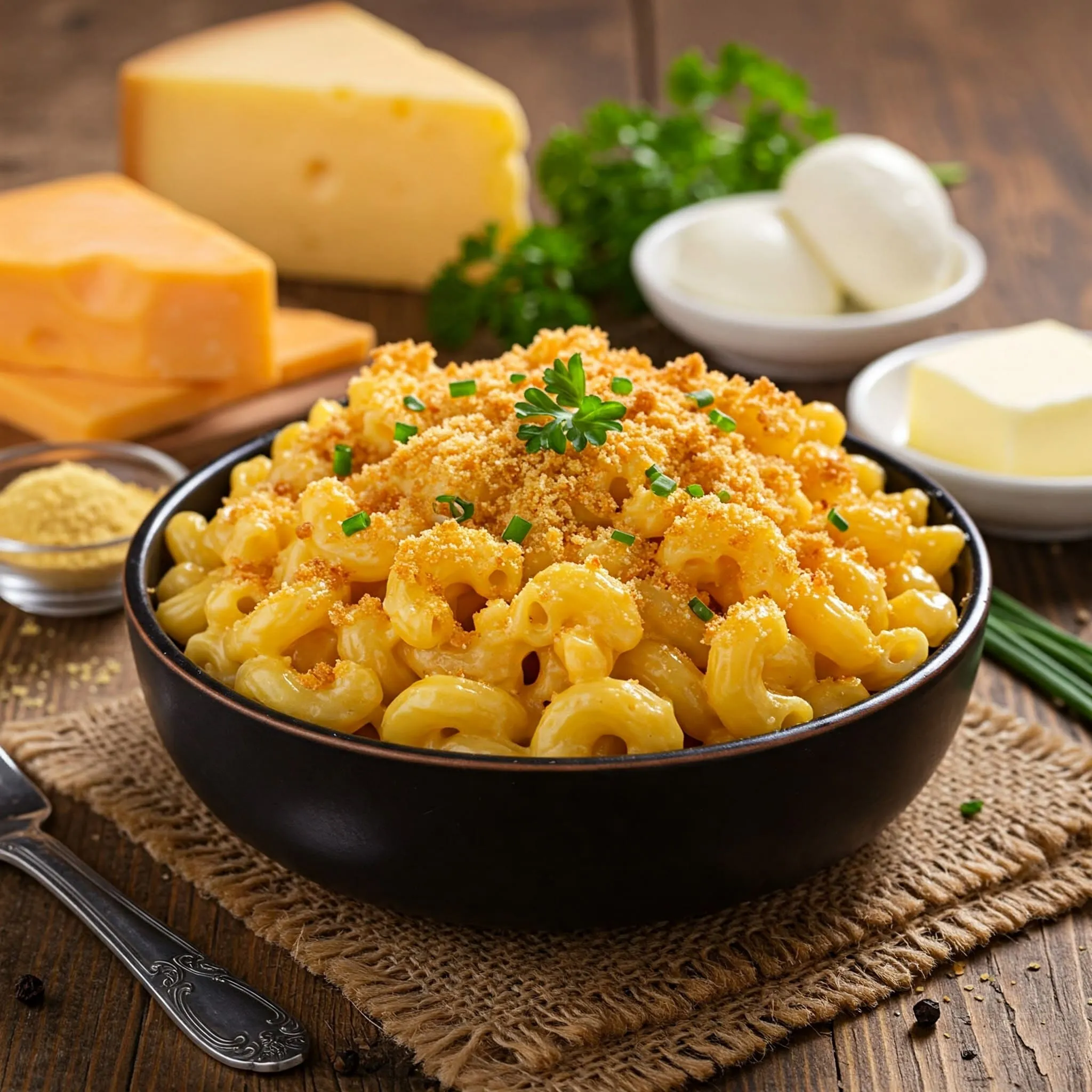 Creamy mac and cheese with elbow macaroni, cheddar and mozzarella cheese, golden breadcrumb topping, and fresh herbs on a rustic wooden table.

