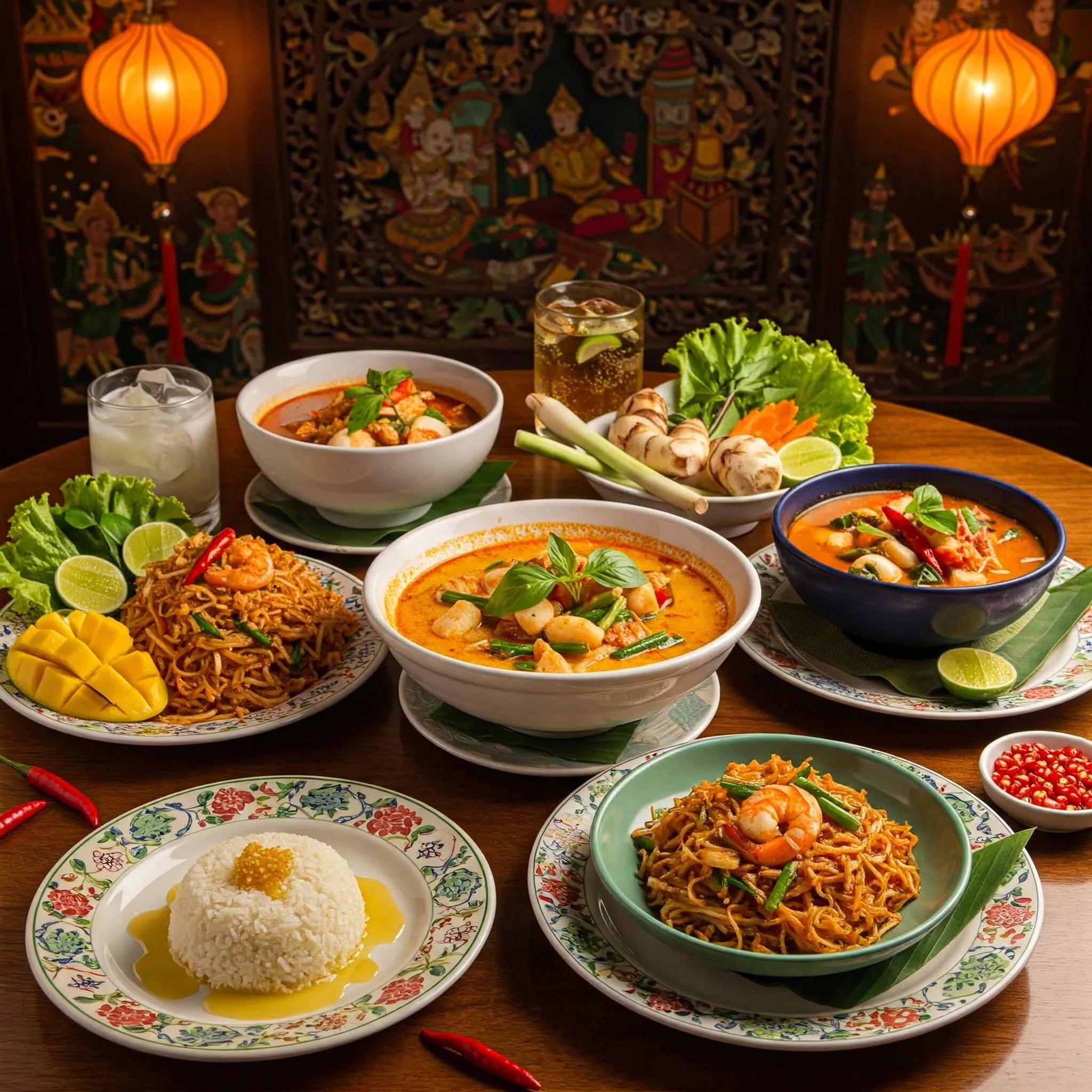 A table filled with authentic Thai dishes including Pad Thai, Tom Yum Soup, Green Curry, and Mango Sticky Rice, surrounded by fresh ingredients like lemongrass and Thai basil.