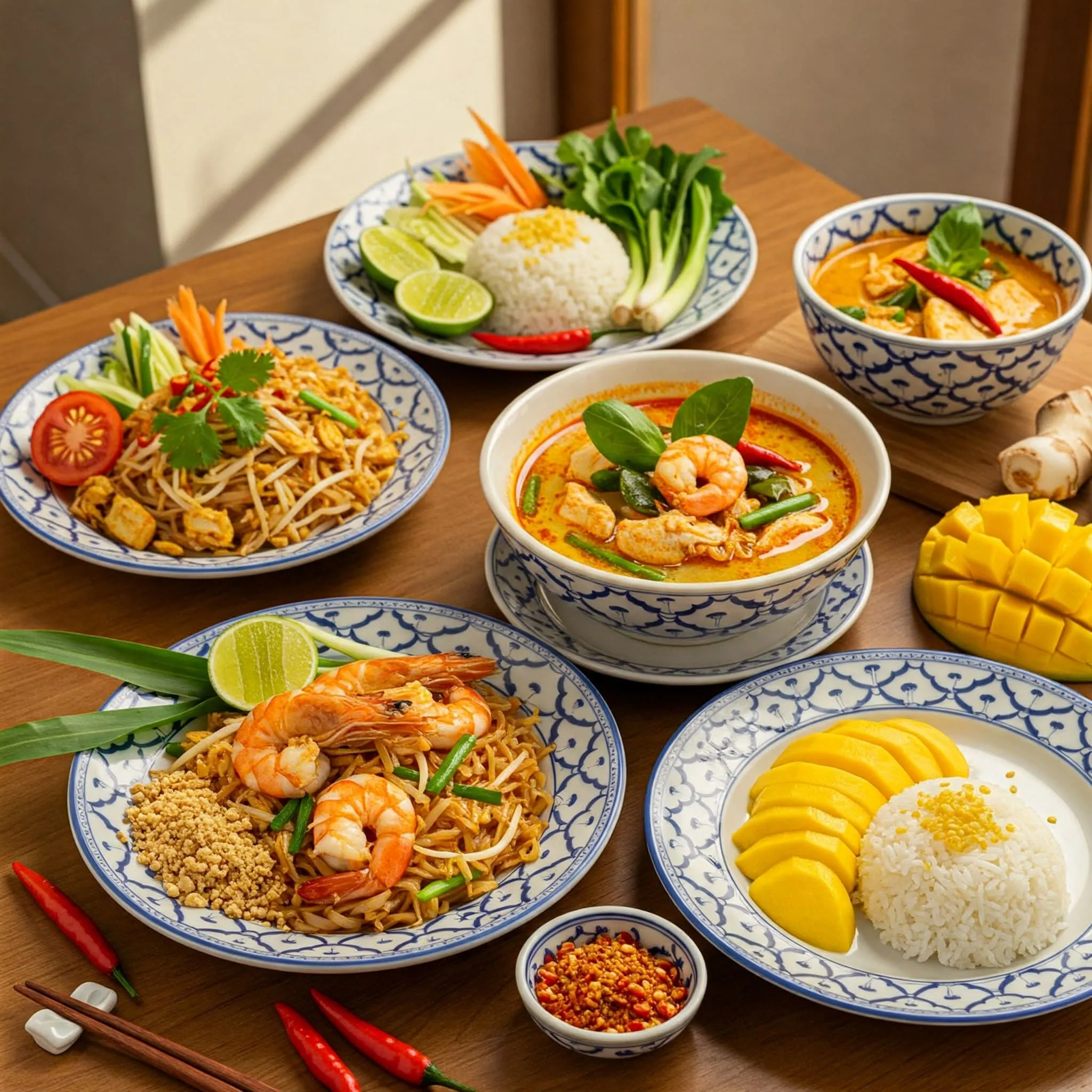 A vibrant spread of iconic Thai dishes, including Pad Thai, Tom Yum Soup, Green Curry, and Mango Sticky Rice, with fresh ingredients like herbs, lime, and mangoes.