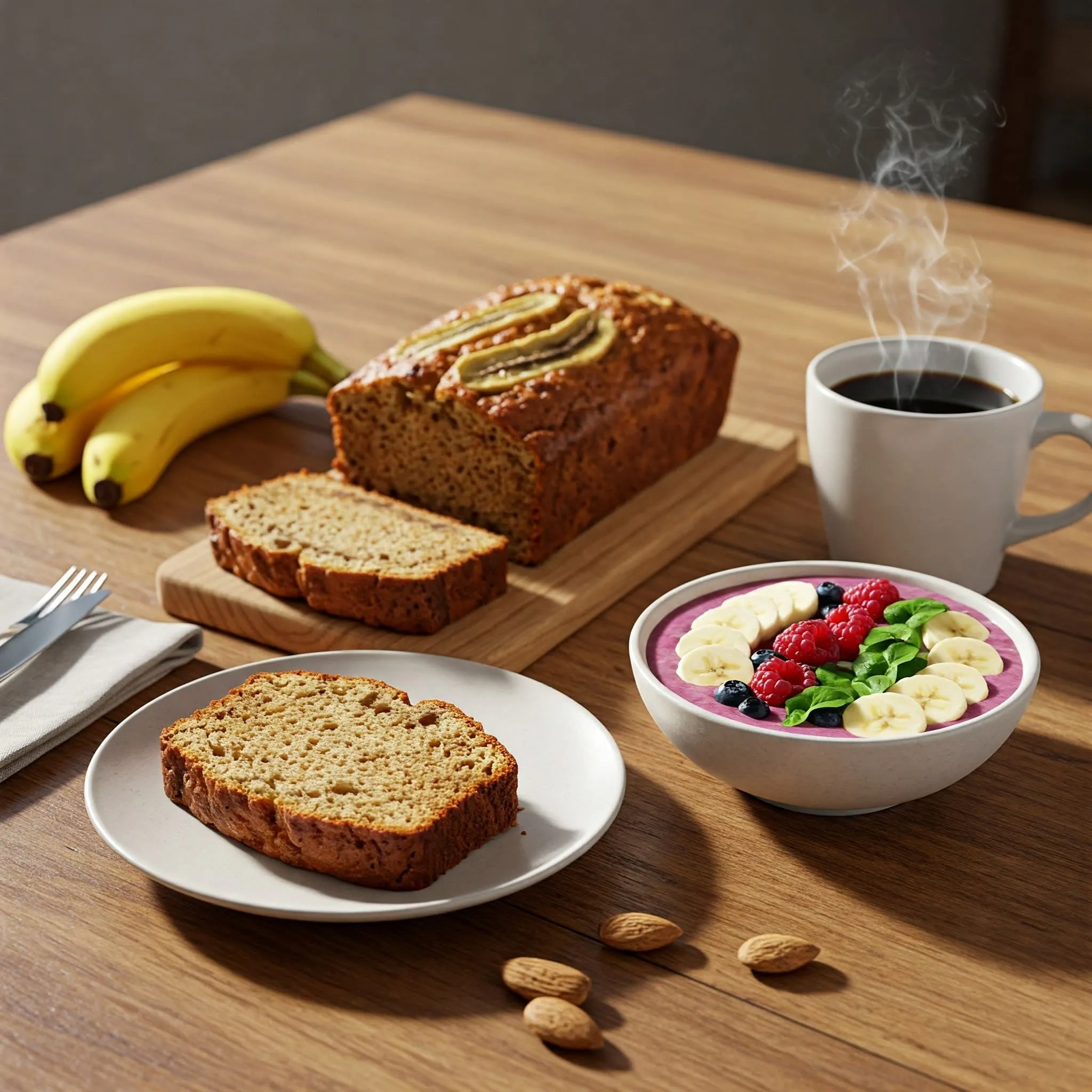 A healthy breakfast spread with banana bread slices, a banana loaf, and a fresh smoothie with fruits.

