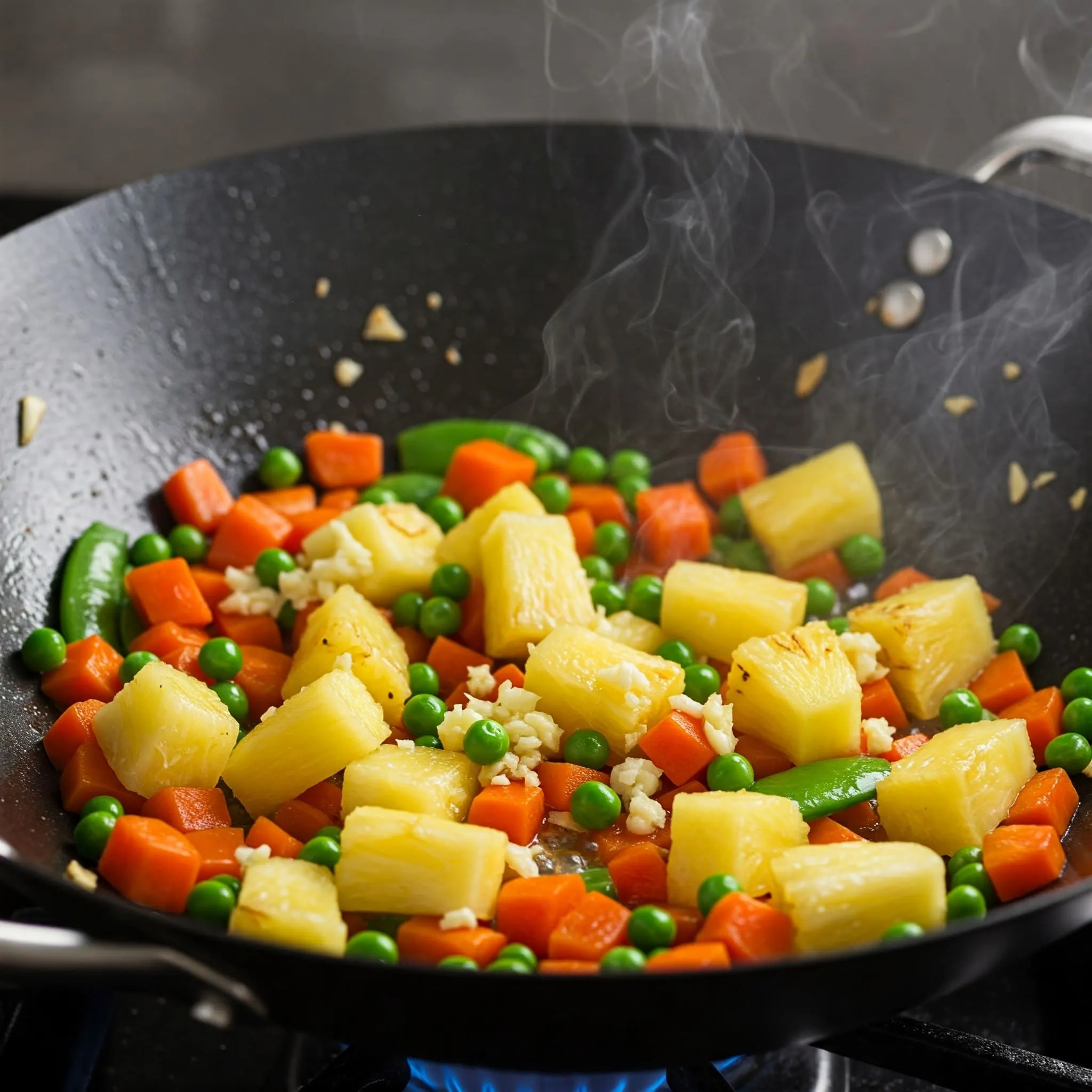 Stir-frying diced carrots, peas, and pineapple chunks in a wok over medium heat.