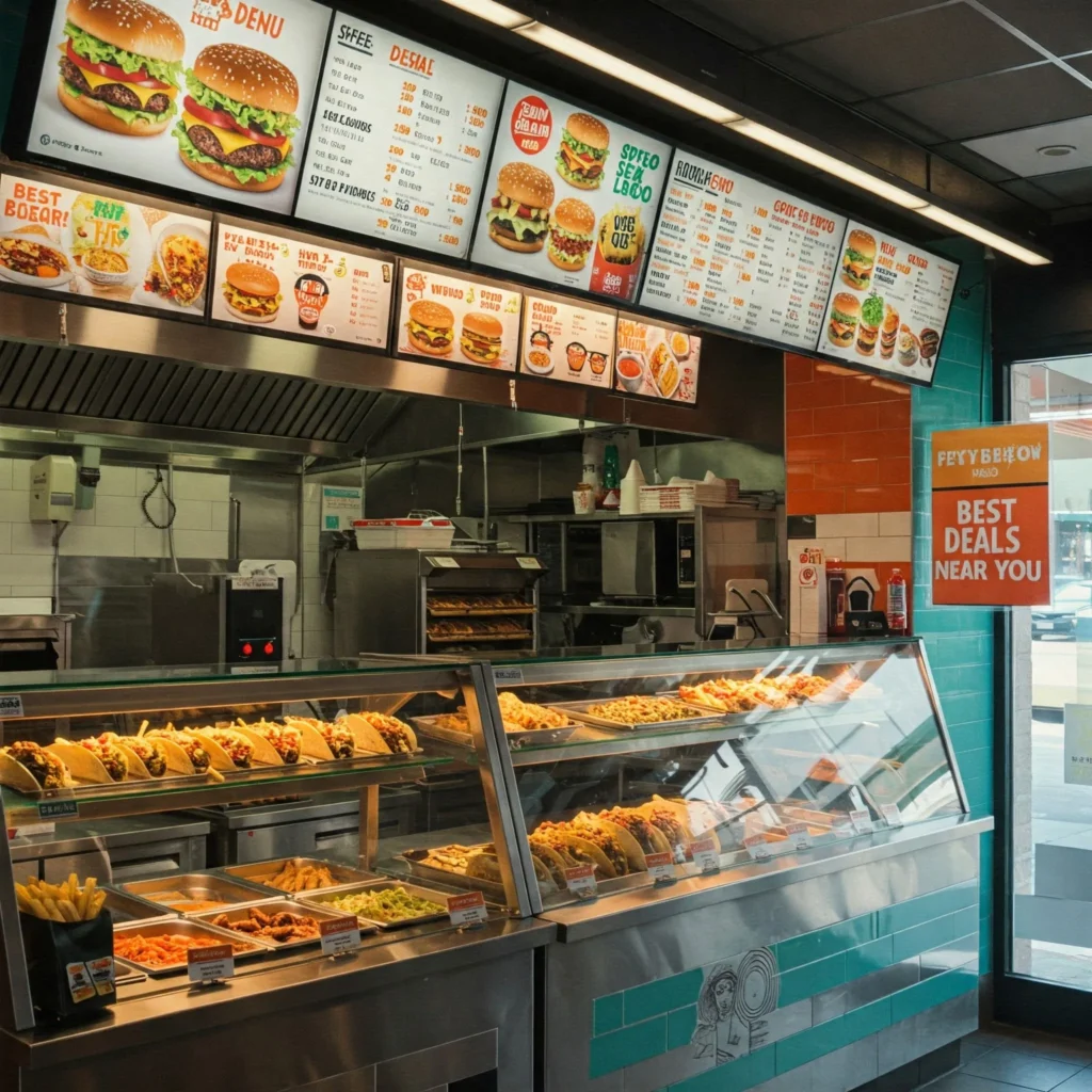 fast food near me Cozy fast food restaurant interior with colorful decor, menu board, and quick meal options like burgers and tacos.