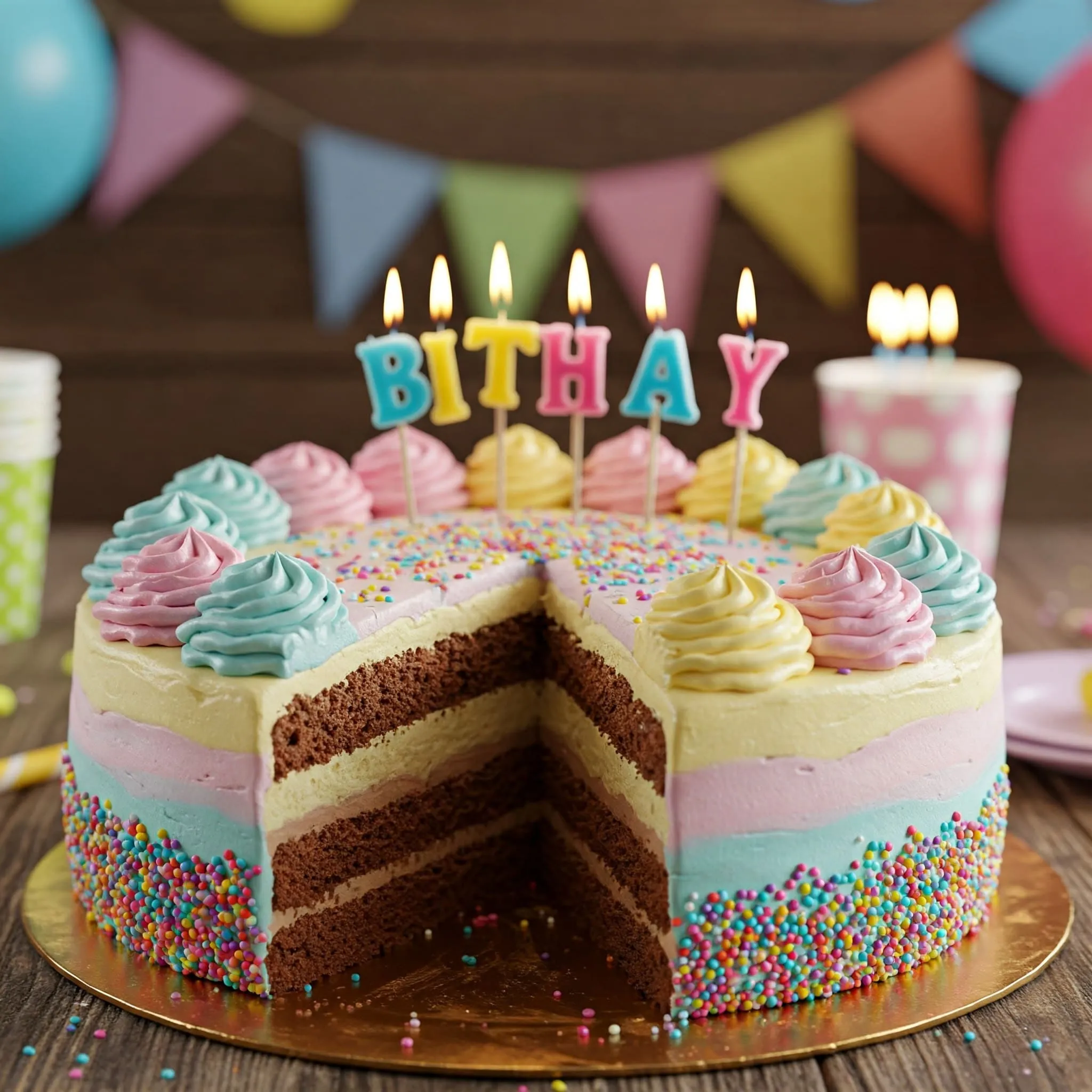 Colorful birthday cake with vanilla and chocolate layers, rainbow sprinkles, and candles on a wooden table with party decorations.