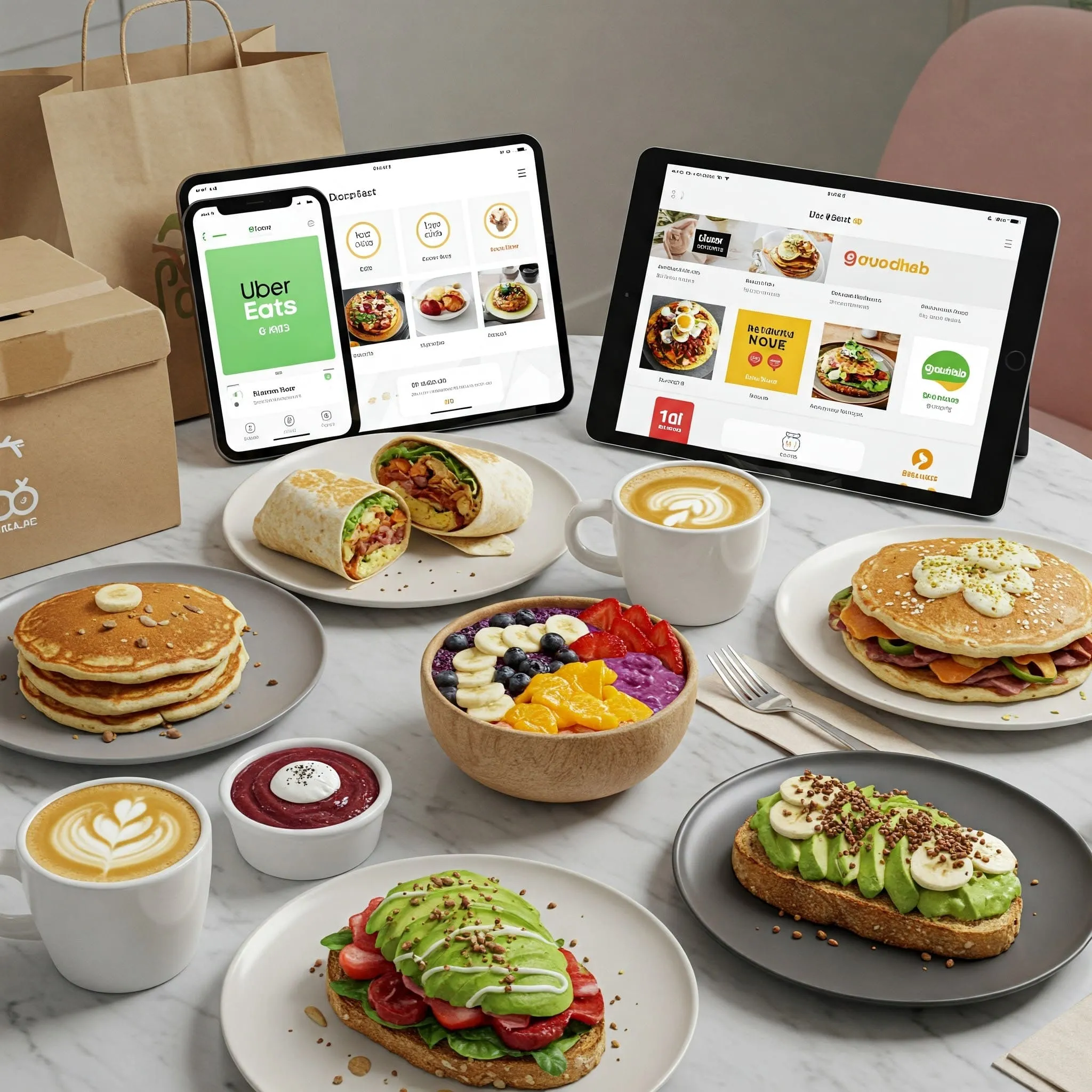 A cozy breakfast scene with a variety of breakfast items and food delivery apps displayed on a smartphone and tablet, emphasizing the convenience of breakfast delivery at home.

