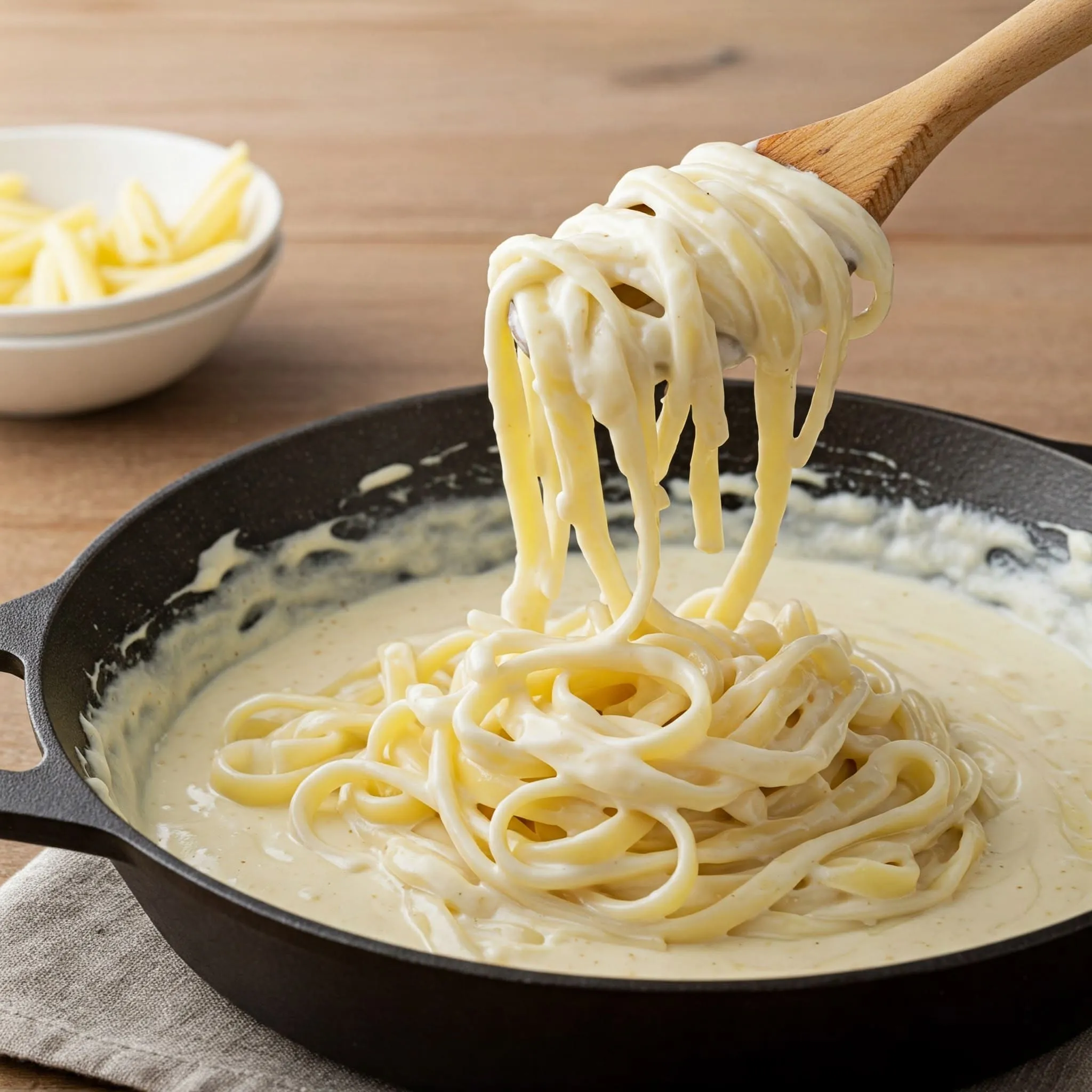 Tossing cooked fettuccine pasta in creamy Alfredo sauce in a skillet.