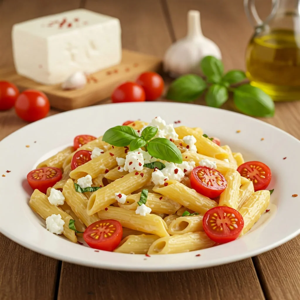 Creamy feta pasta with cherry tomatoes and fresh basil, served in a rustic Mediterranean kitchen.