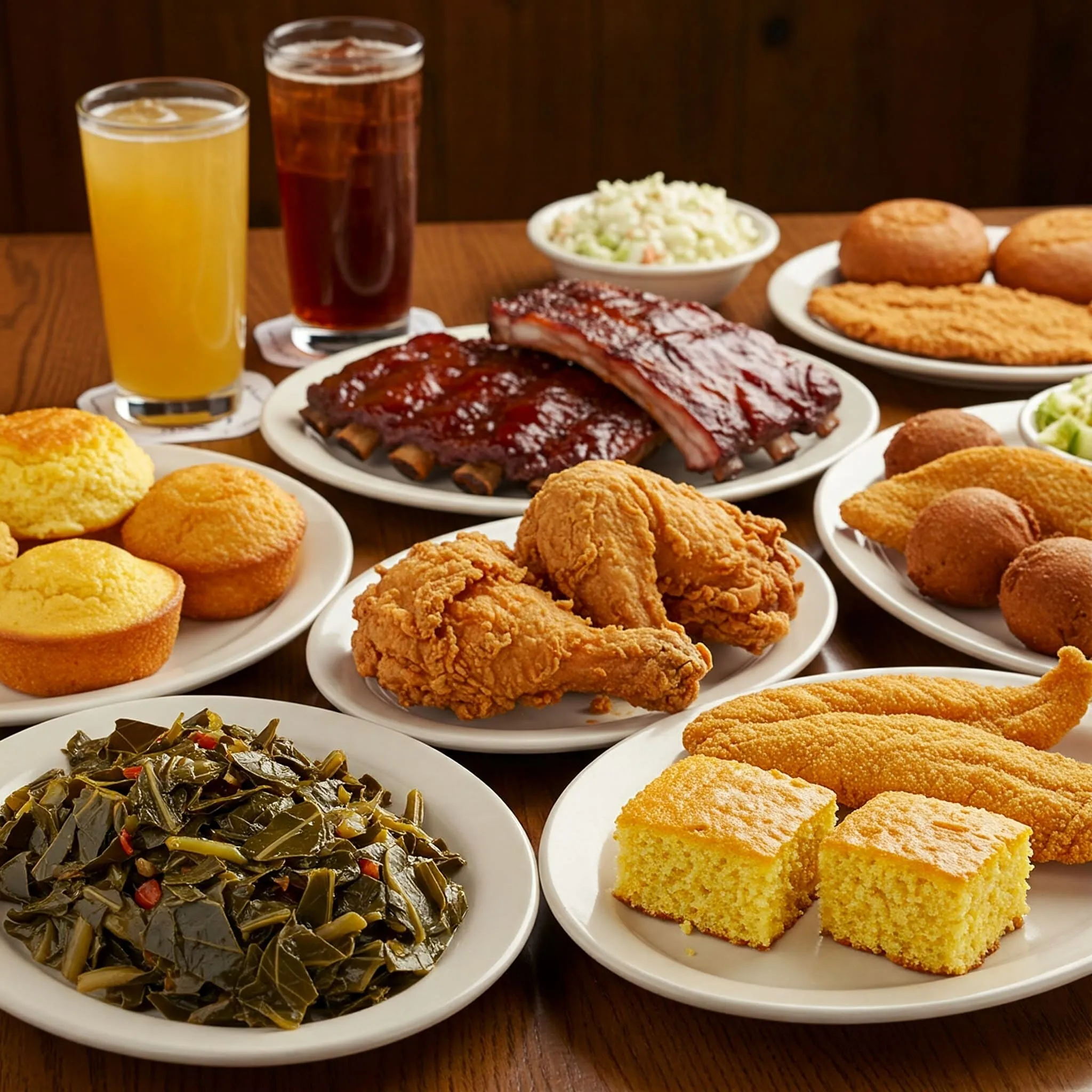 A Southern soul food feast with fried chicken, cornbread, collard greens, BBQ ribs, fried catfish, hushpuppies, and coleslaw on a rustic table.