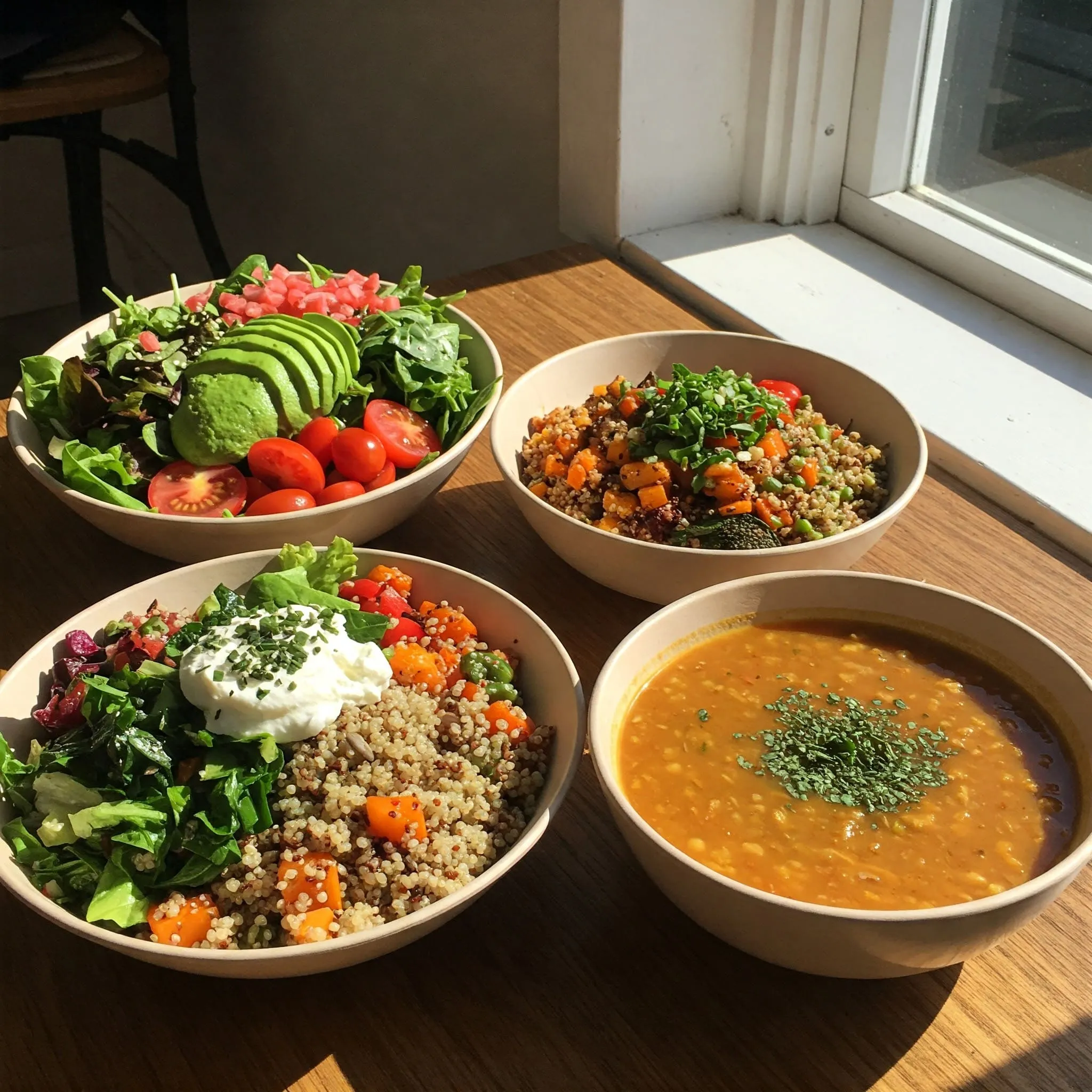 Vegan dishes including fresh salads, lentil soup, and quinoa bowls.