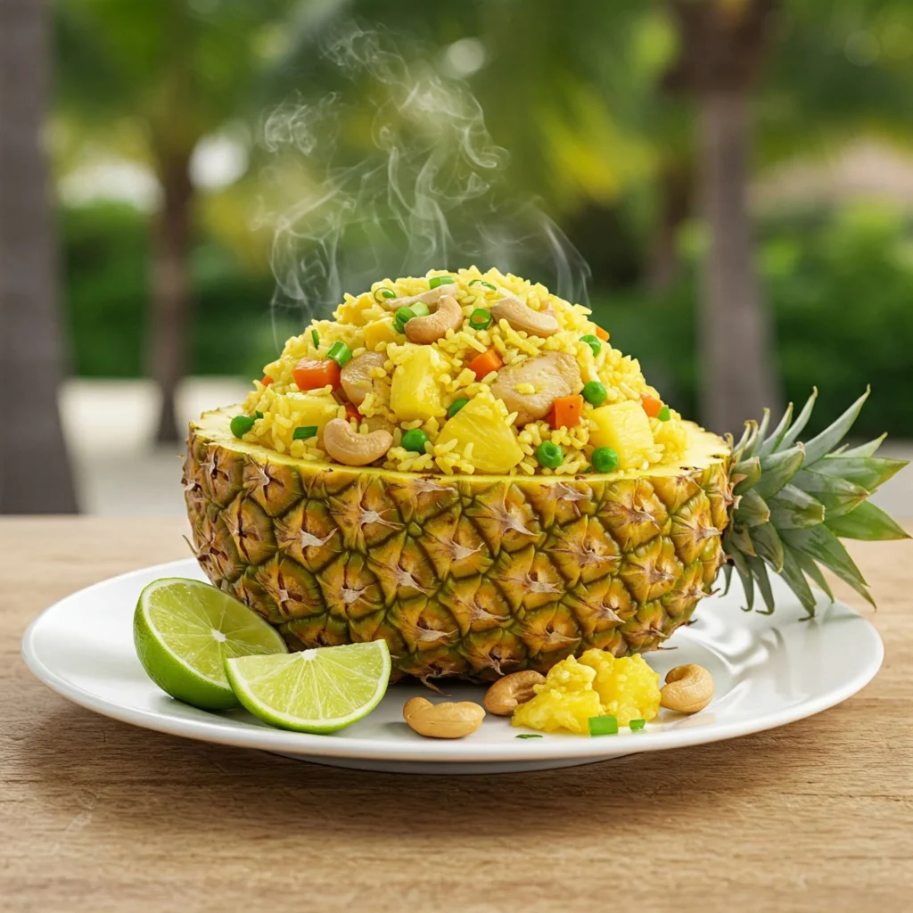 A delicious plate of pineapple fried rice served in a hollowed-out pineapple boat, garnished with green onions, cashews, and a lime wedge.