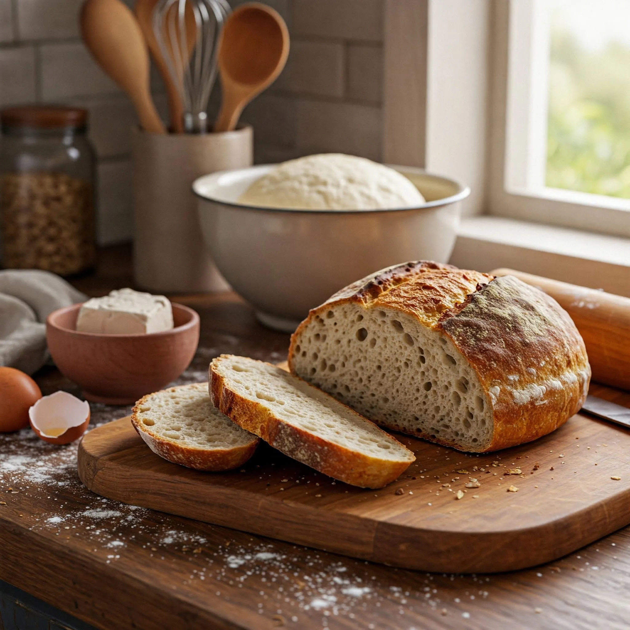 easy beginner bread recipe – freshly baked homemade bread on a wooden board with ingredients like flour, yeast, and a rolling pin.