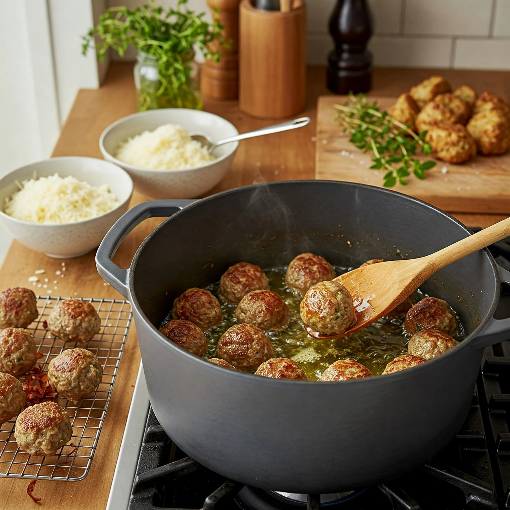 Meatballs browning in olive oil in a large pot, with fresh herbs and breadcrumbs on the kitchen counter.